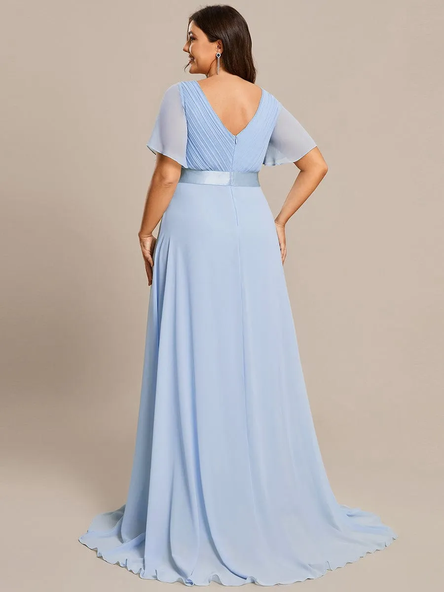 Long Empire Waist Bridesmaid Dress with Short Flutter Sleeves