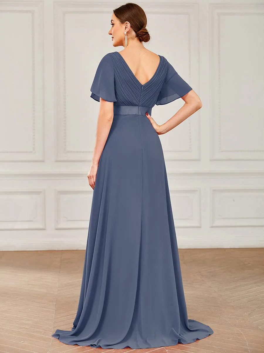 Long Empire Waist Bridesmaid Dress with Short Flutter Sleeves