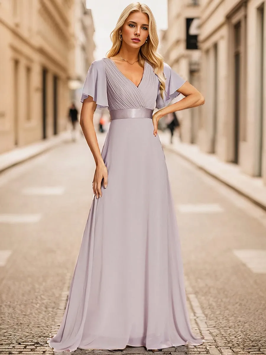 Long Empire Waist Bridesmaid Dress with Short Flutter Sleeves