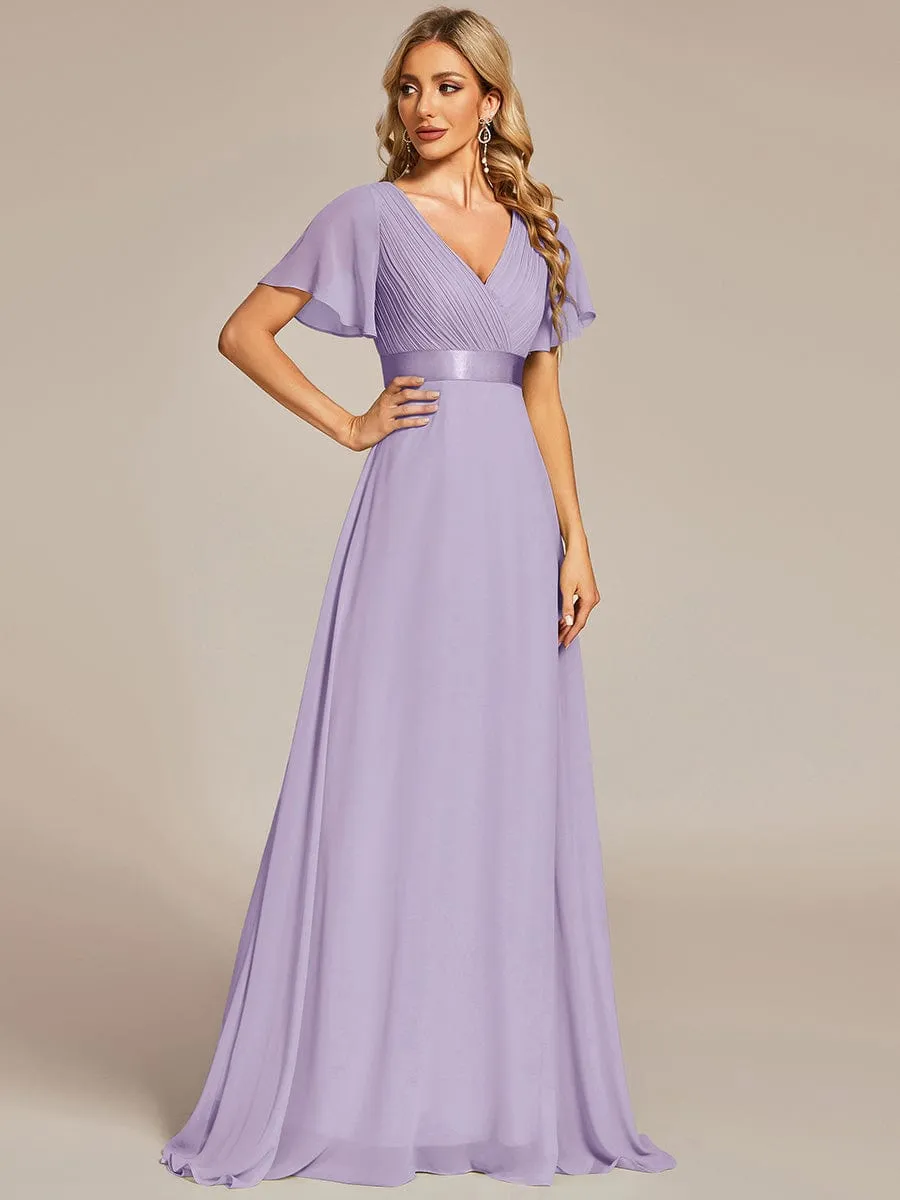 Long Empire Waist Bridesmaid Dress with Short Flutter Sleeves