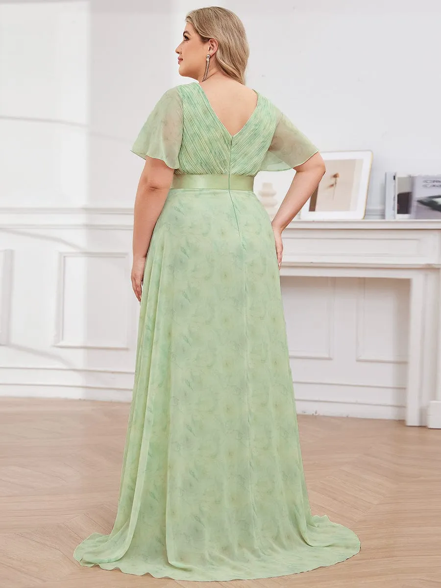 Long Empire Waist Bridesmaid Dress with Short Flutter Sleeves