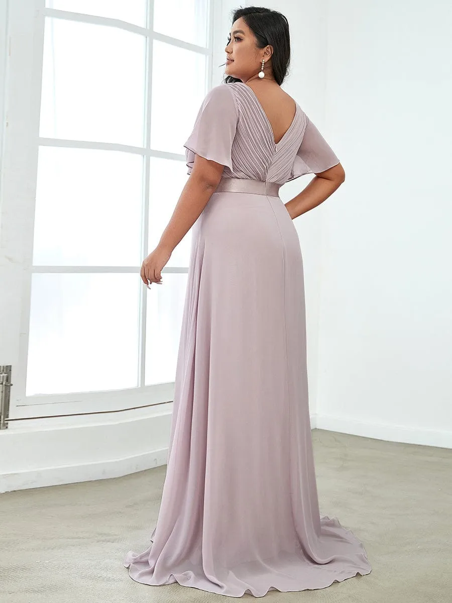 Long Empire Waist Bridesmaid Dress with Short Flutter Sleeves