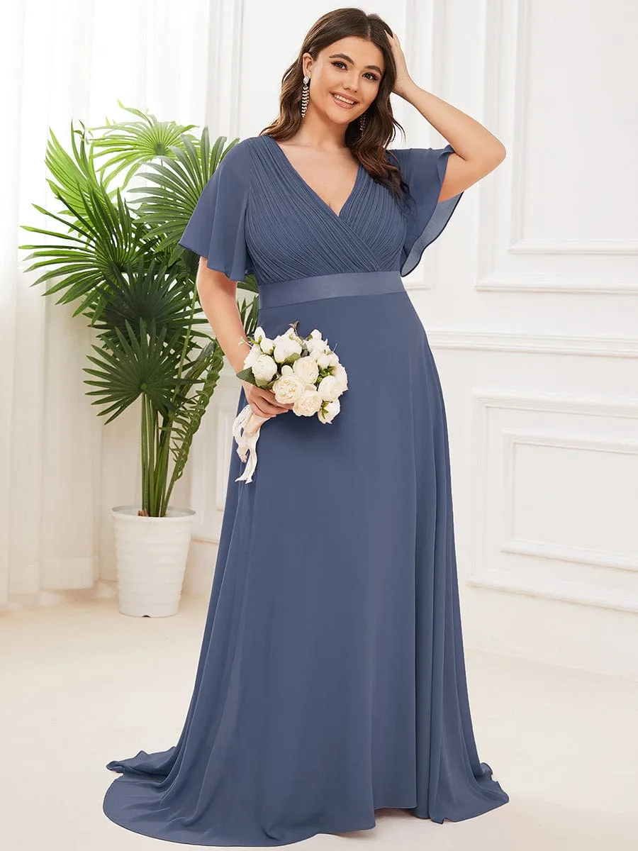 Long Empire Waist Bridesmaid Dress with Short Flutter Sleeves