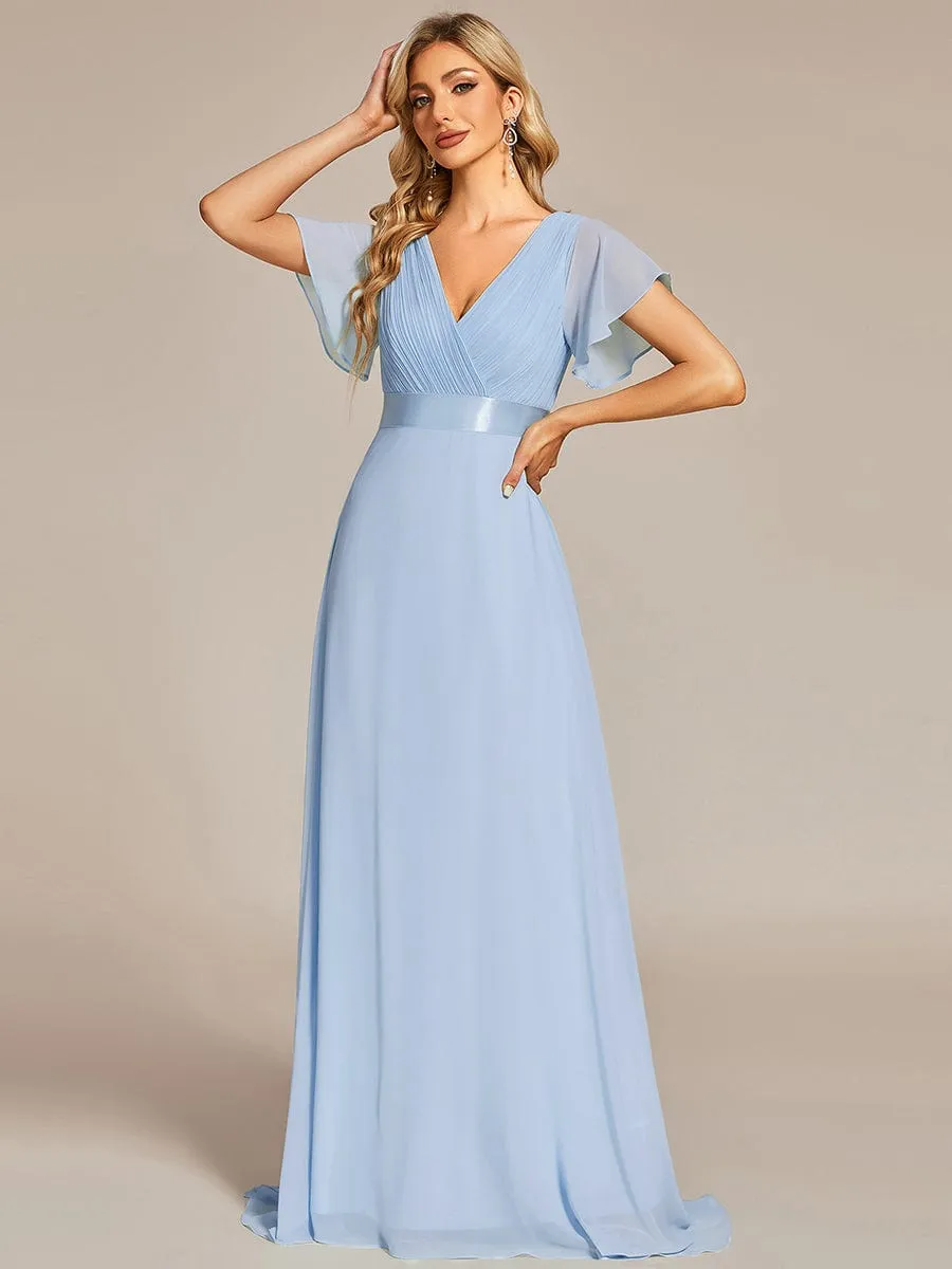 Long Empire Waist Bridesmaid Dress with Short Flutter Sleeves