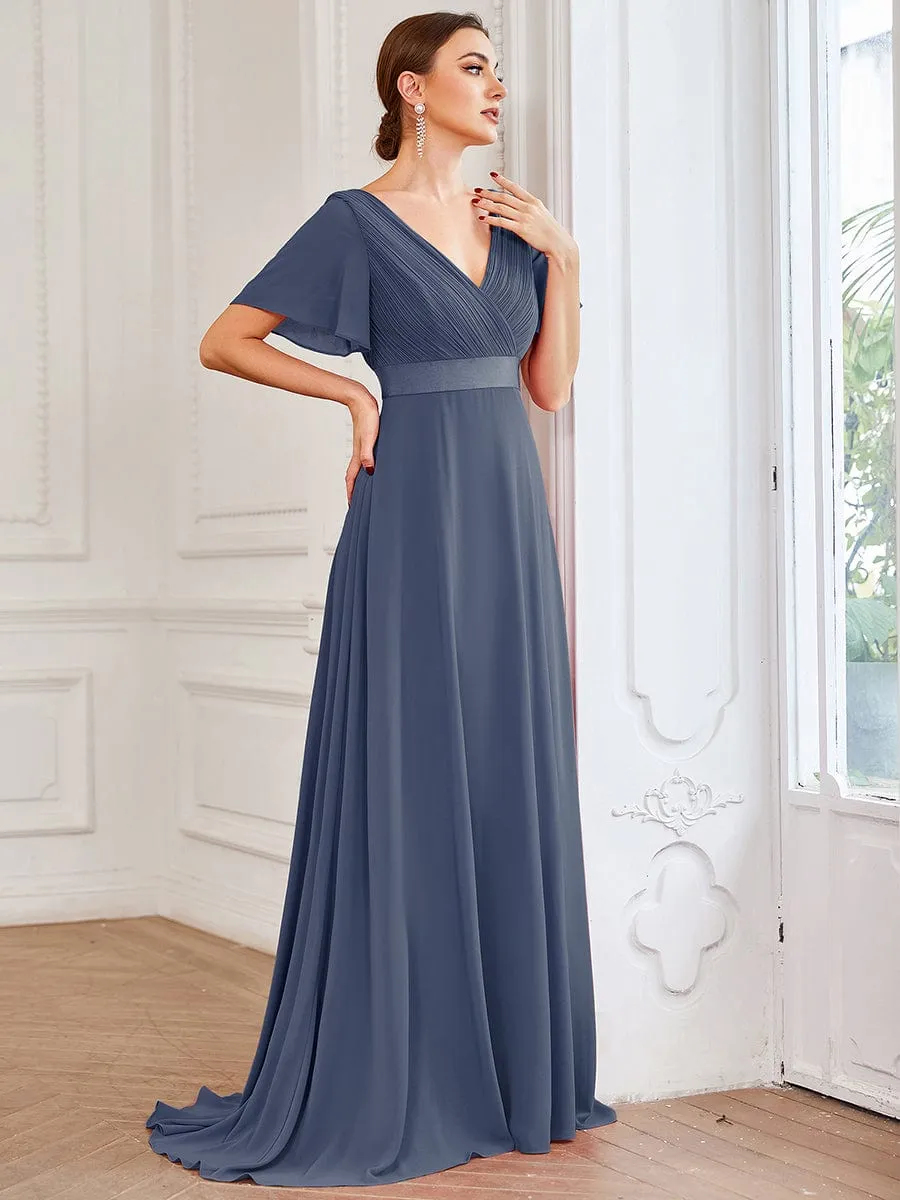 Long Empire Waist Bridesmaid Dress with Short Flutter Sleeves