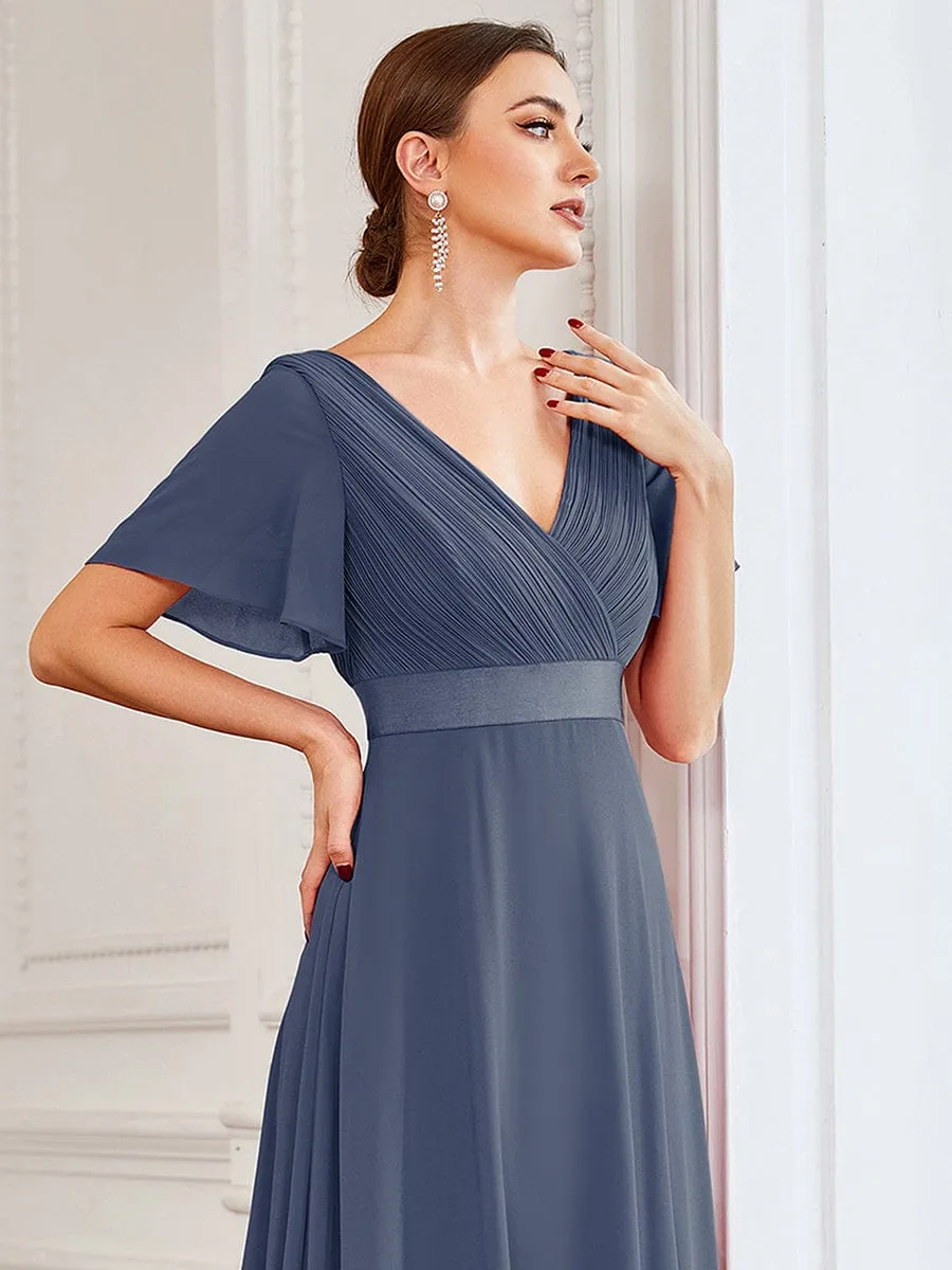 Long Empire Waist Bridesmaid Dress with Short Flutter Sleeves