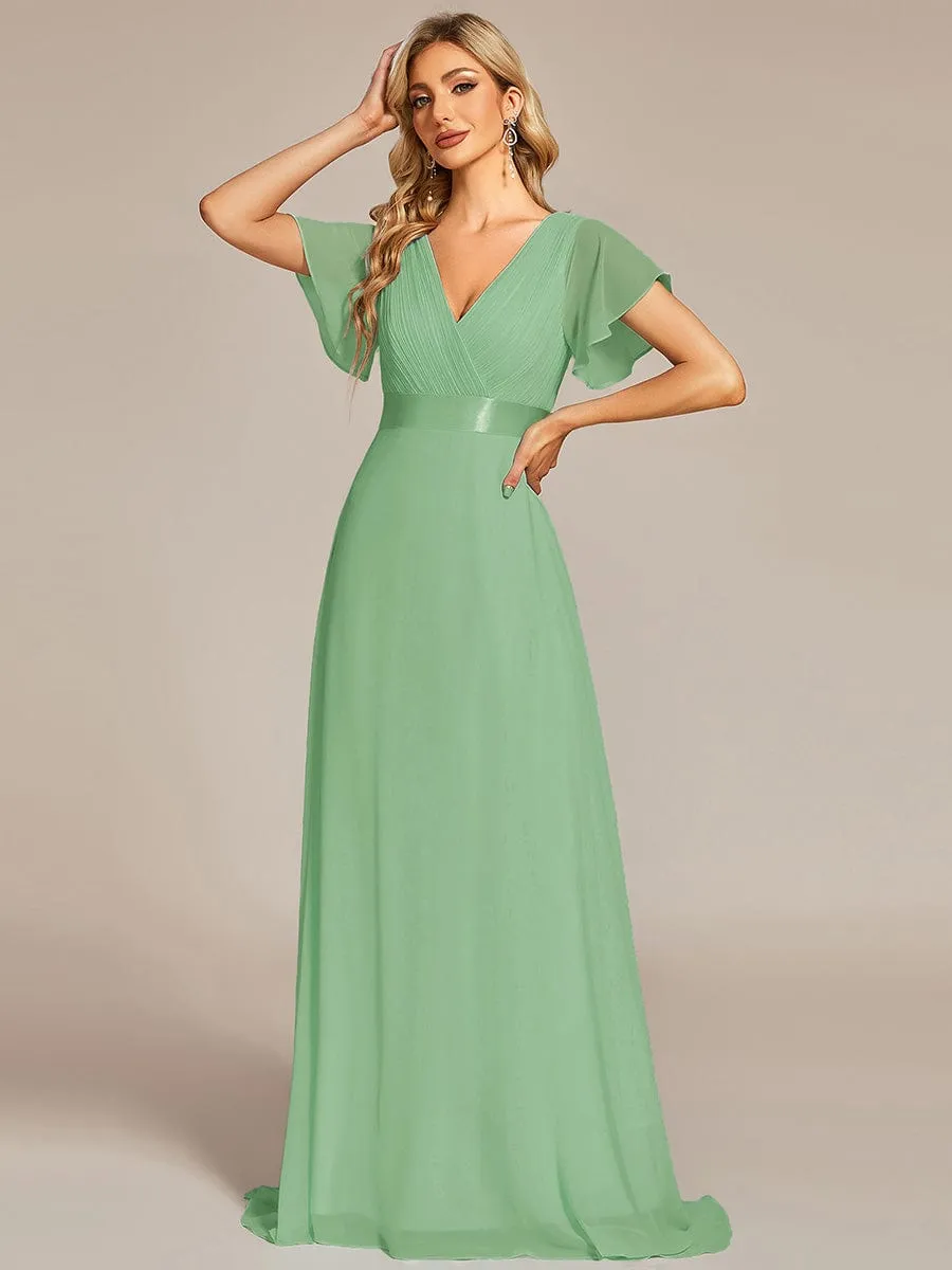 Long Empire Waist Bridesmaid Dress with Short Flutter Sleeves