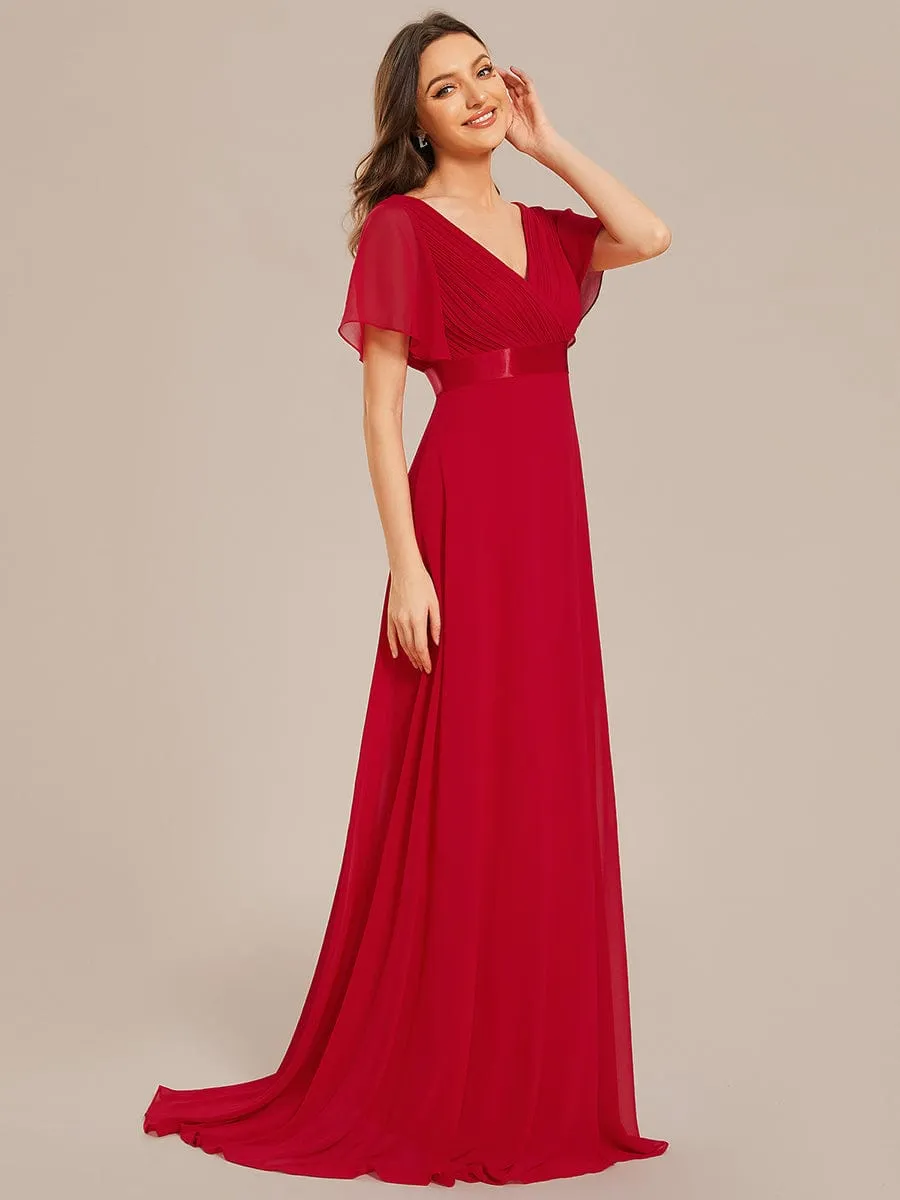 Long Empire Waist Bridesmaid Dress with Short Flutter Sleeves