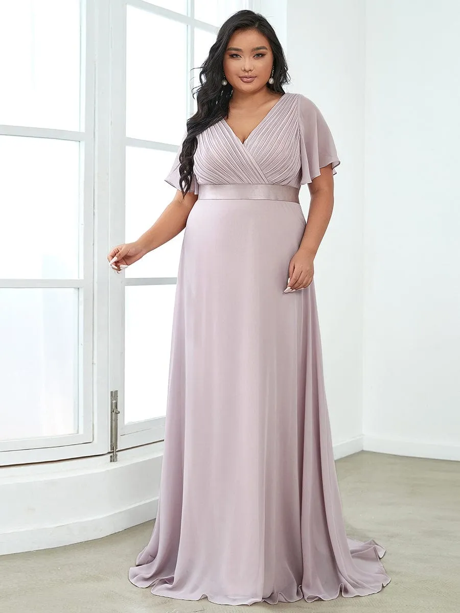 Long Empire Waist Bridesmaid Dress with Short Flutter Sleeves