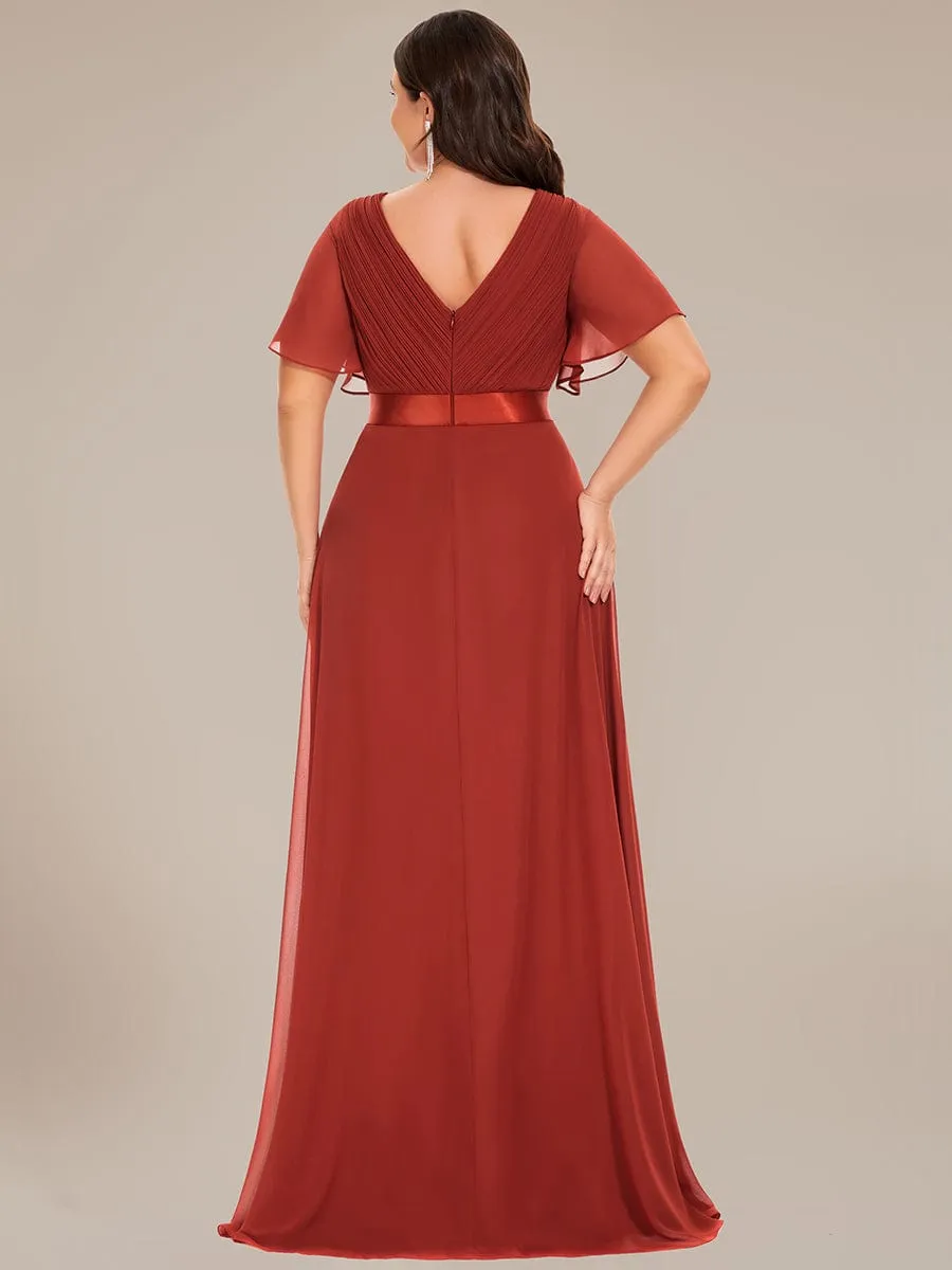 Long Empire Waist Bridesmaid Dress with Short Flutter Sleeves