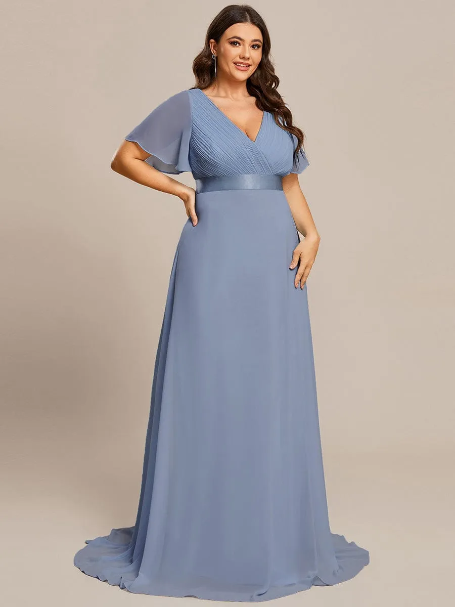 Long Empire Waist Bridesmaid Dress with Short Flutter Sleeves