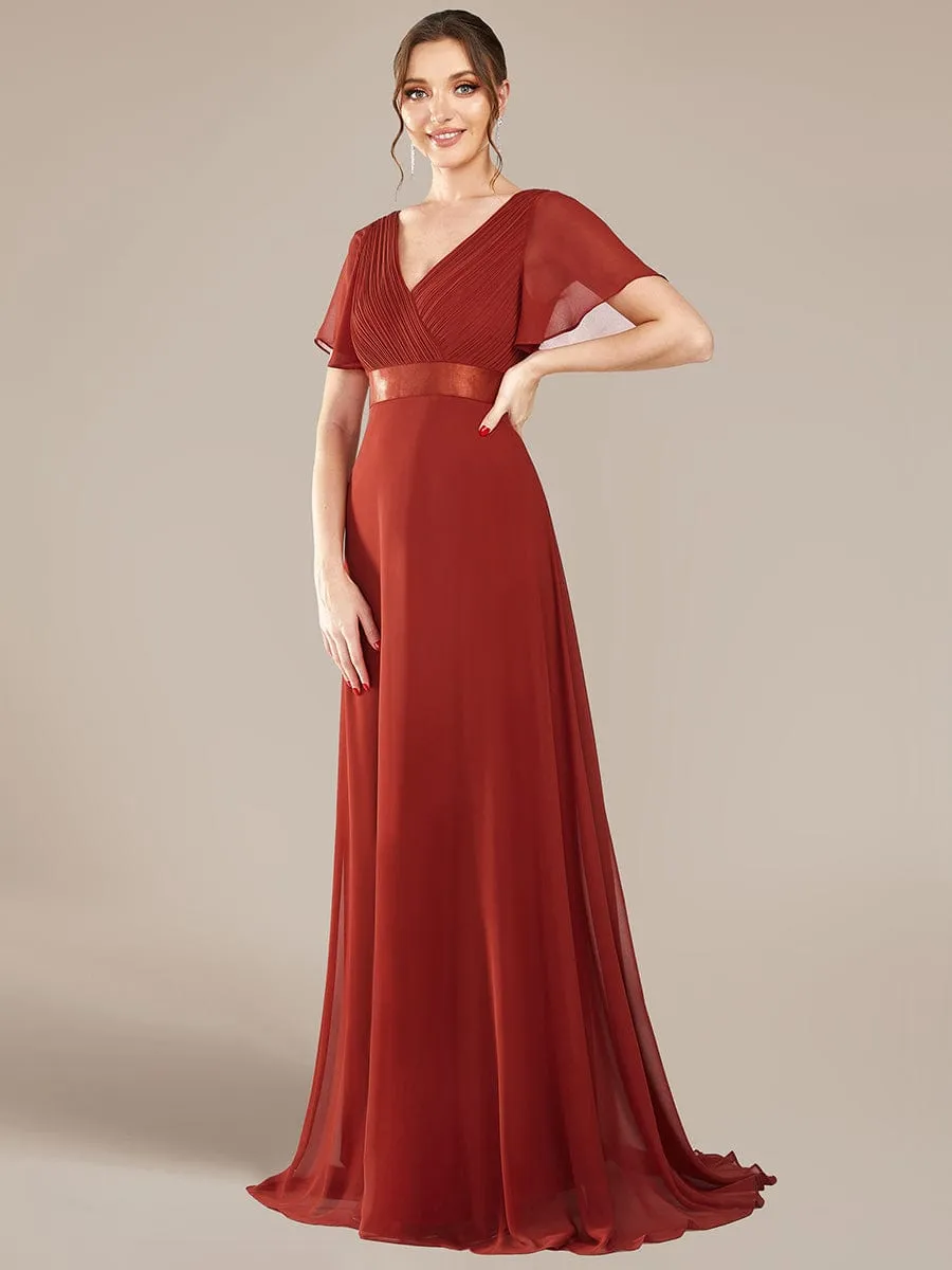 Long Empire Waist Bridesmaid Dress with Short Flutter Sleeves