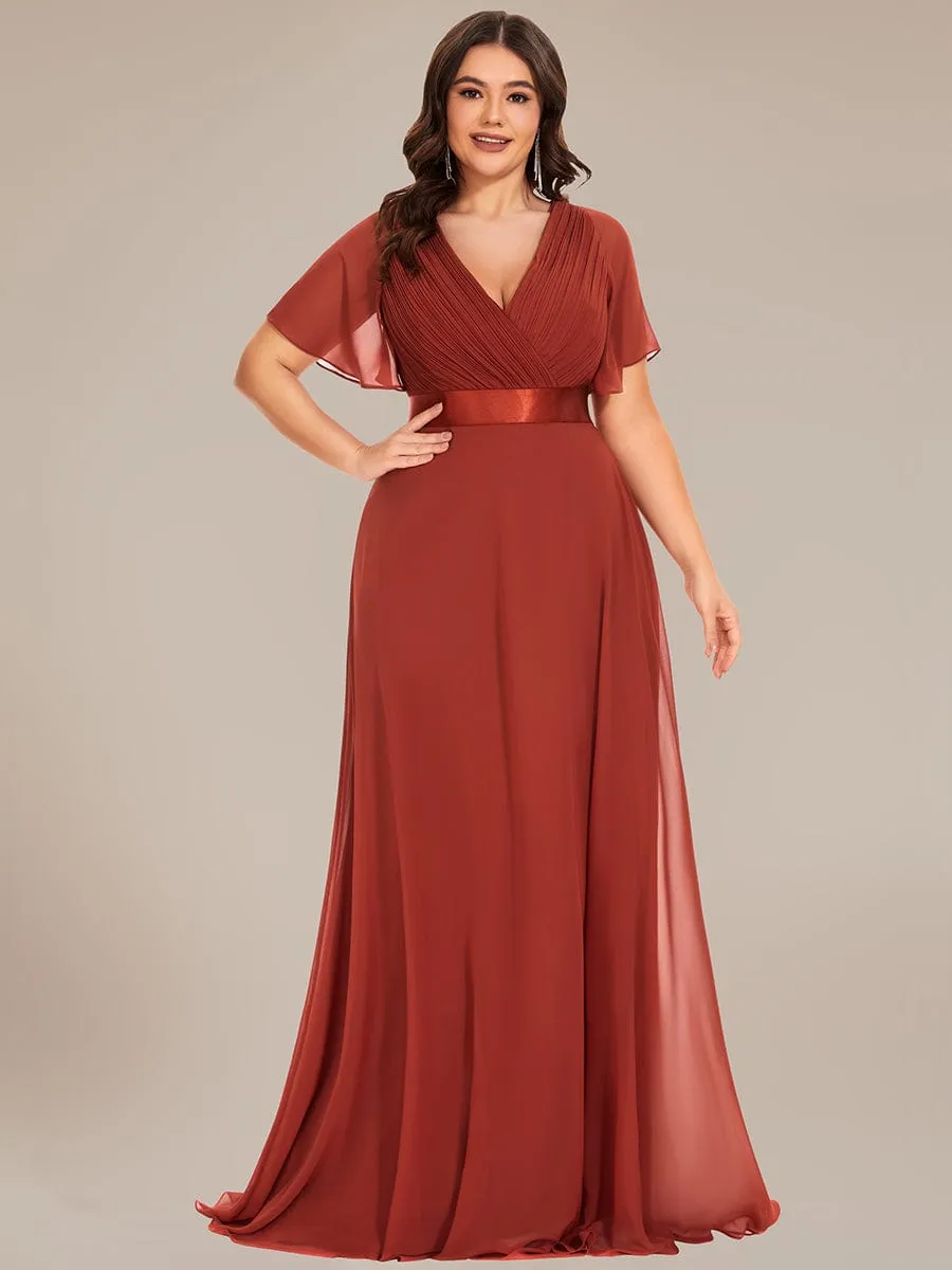 Long Empire Waist Bridesmaid Dress with Short Flutter Sleeves