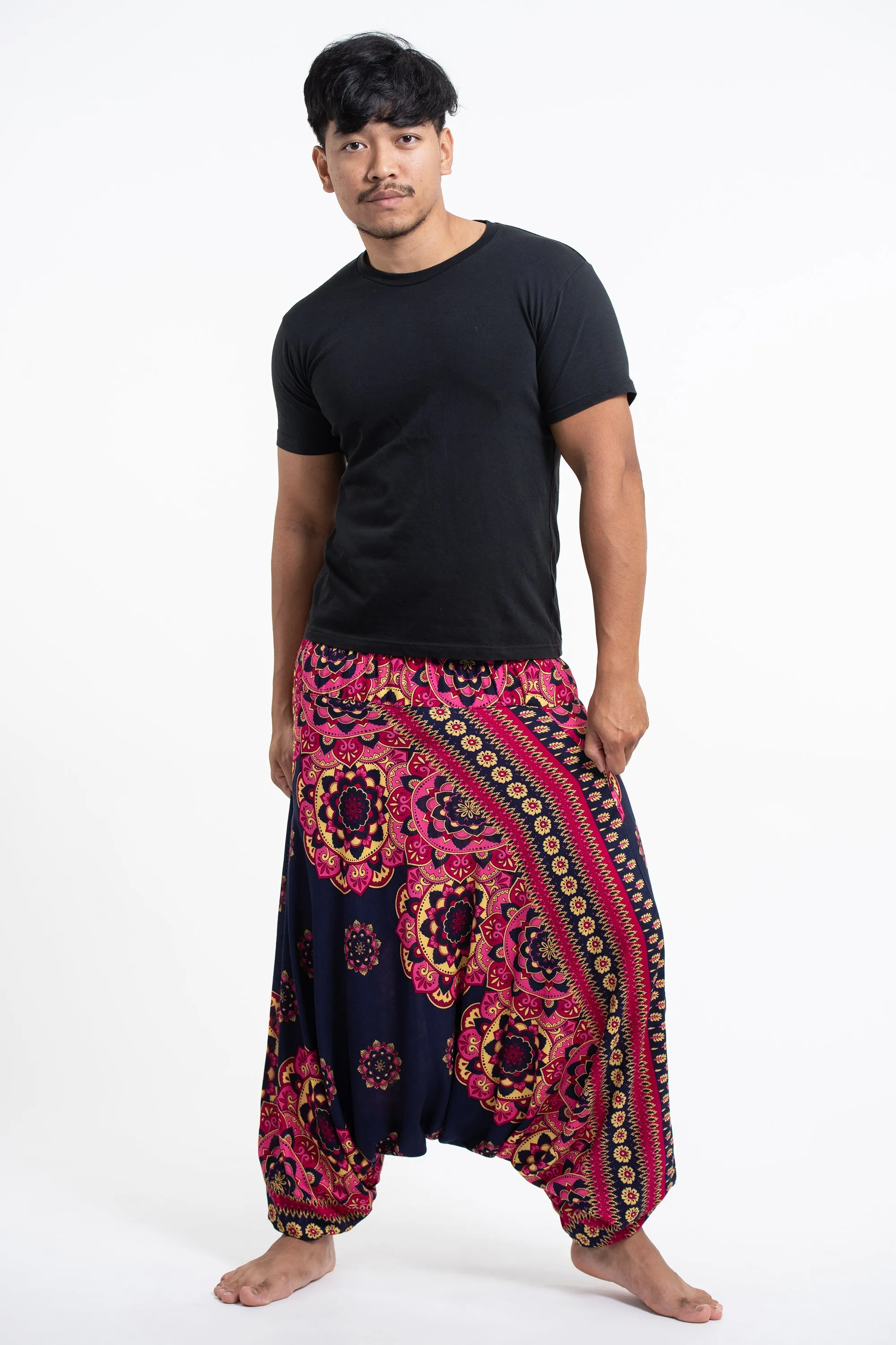 Lotus Mandalas Drop Crotch Men's Harem Pants in Navy