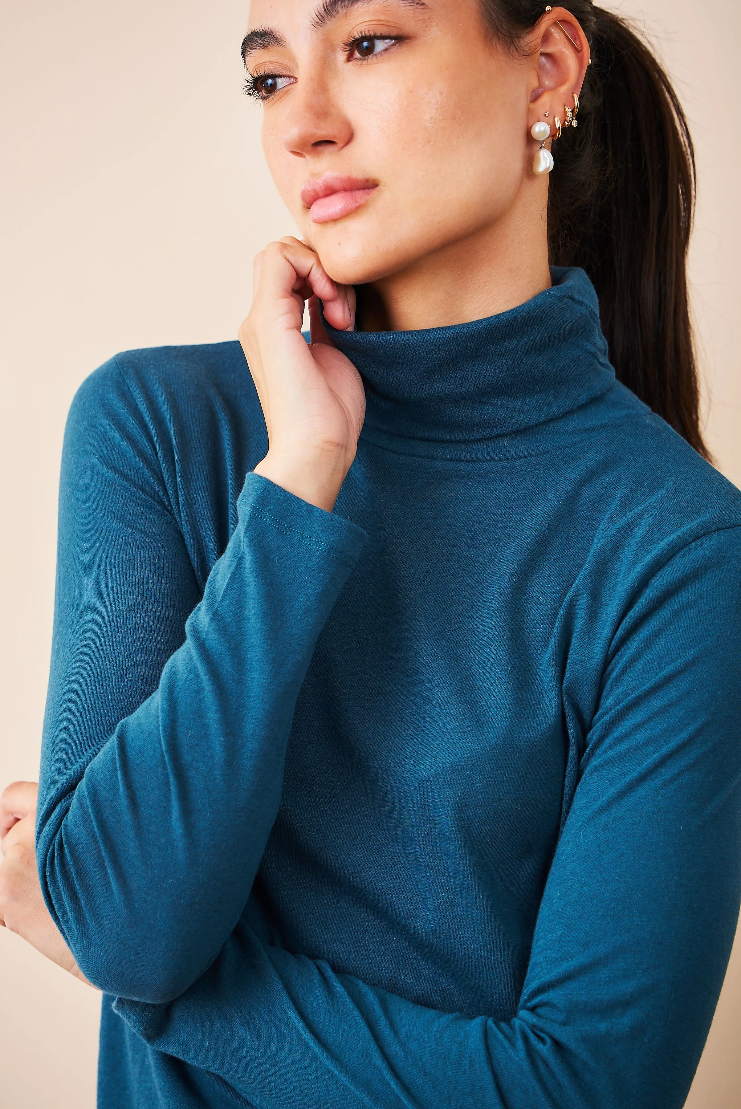 Majestic Cotton/Cashmere Long Sleeve Turtleneck in Haute Mer/High Sea