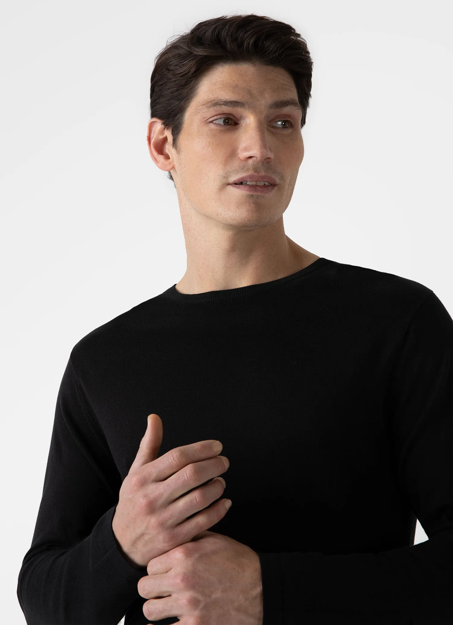 Men's Sea Island Cotton Crew Neck Jumper in Black