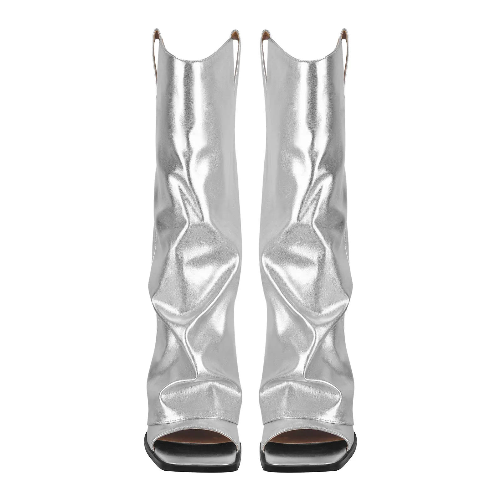 Metallic Square Toe Wedge Heel Fold Over Sandal Boots