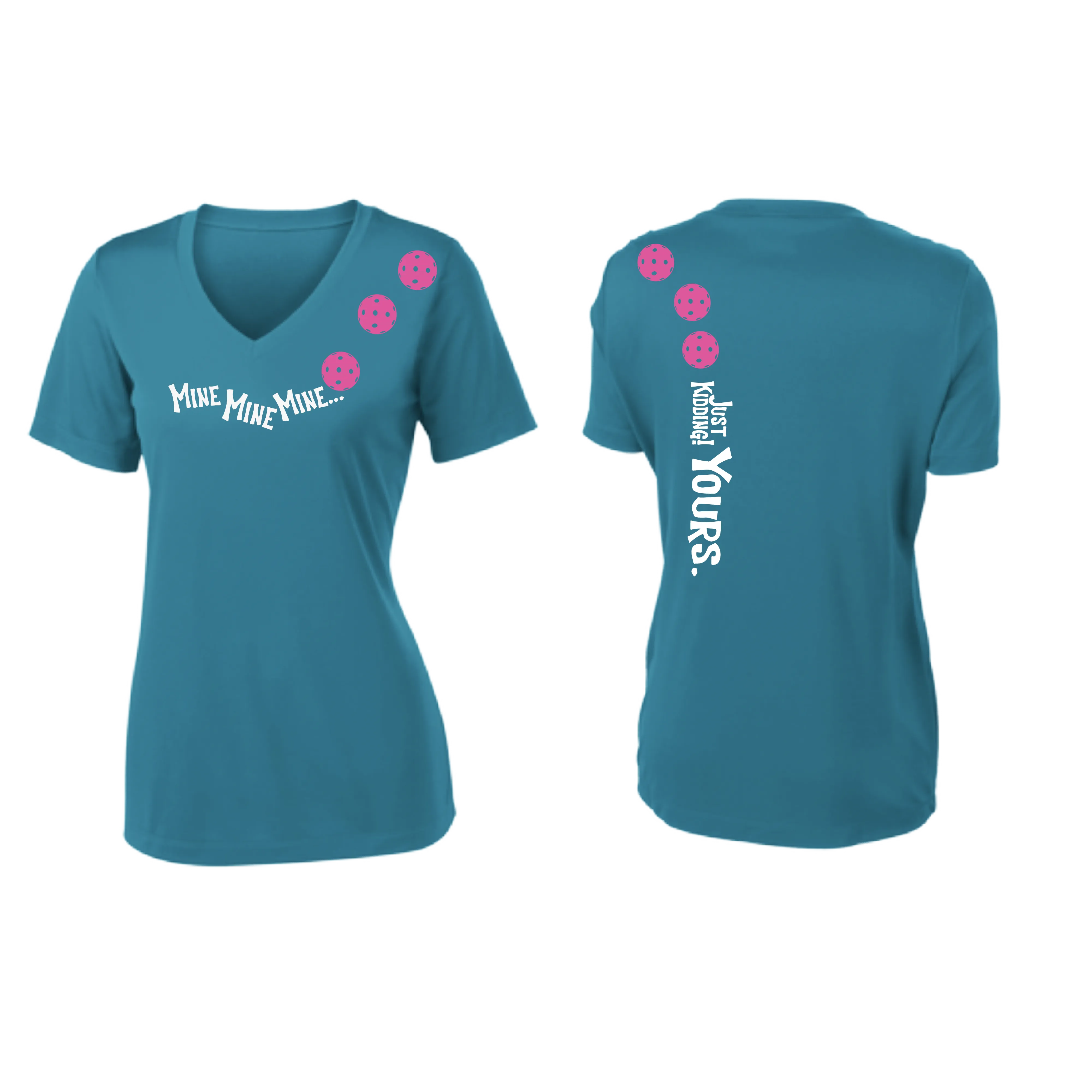 Mine JK Yours (Pickleball Colors Green Rainbow or Pink) | Women's Short Sleeve V-Neck Pickleball Shirts | 100% Polyester