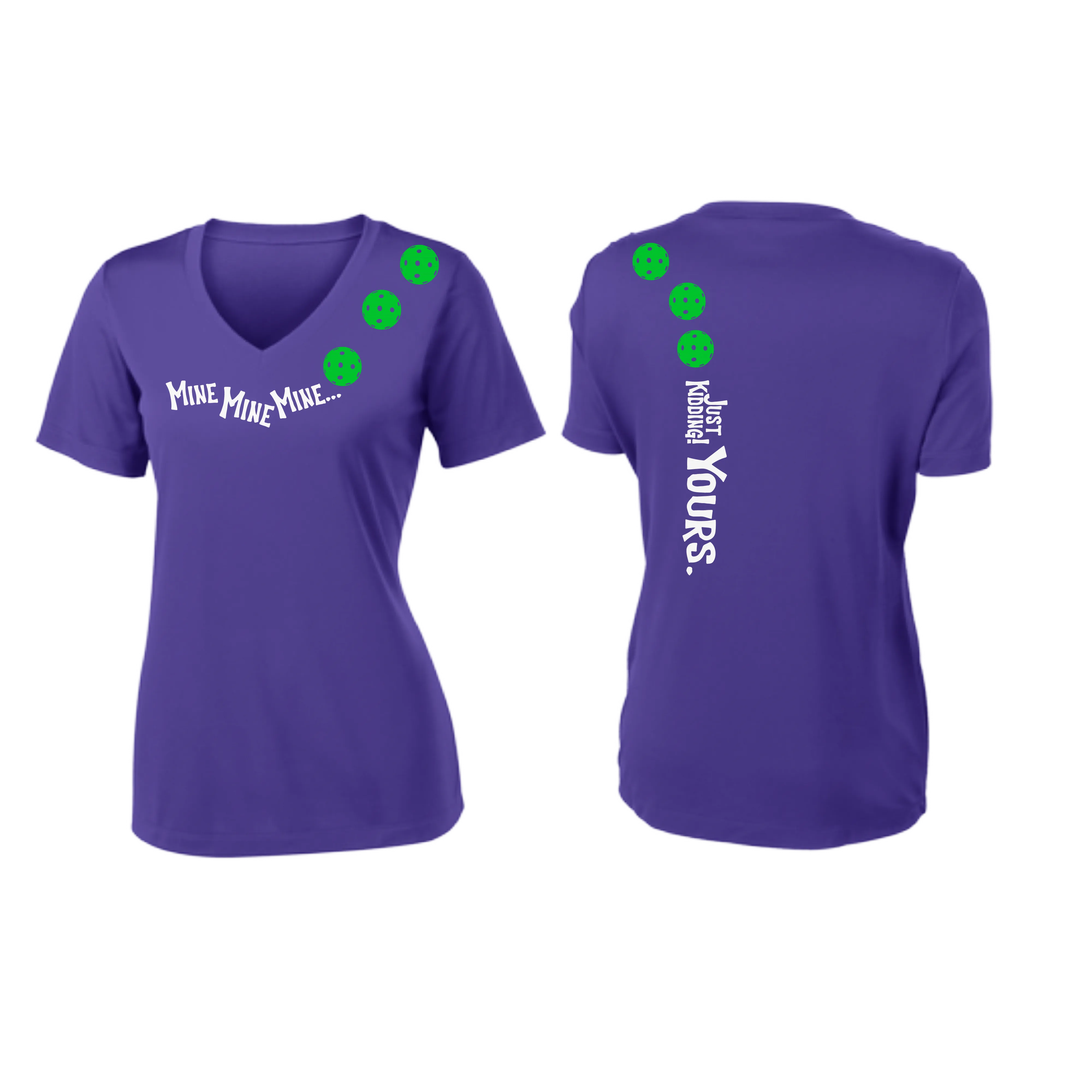 Mine JK Yours (Pickleball Colors Green Rainbow or Pink) | Women's Short Sleeve V-Neck Pickleball Shirts | 100% Polyester