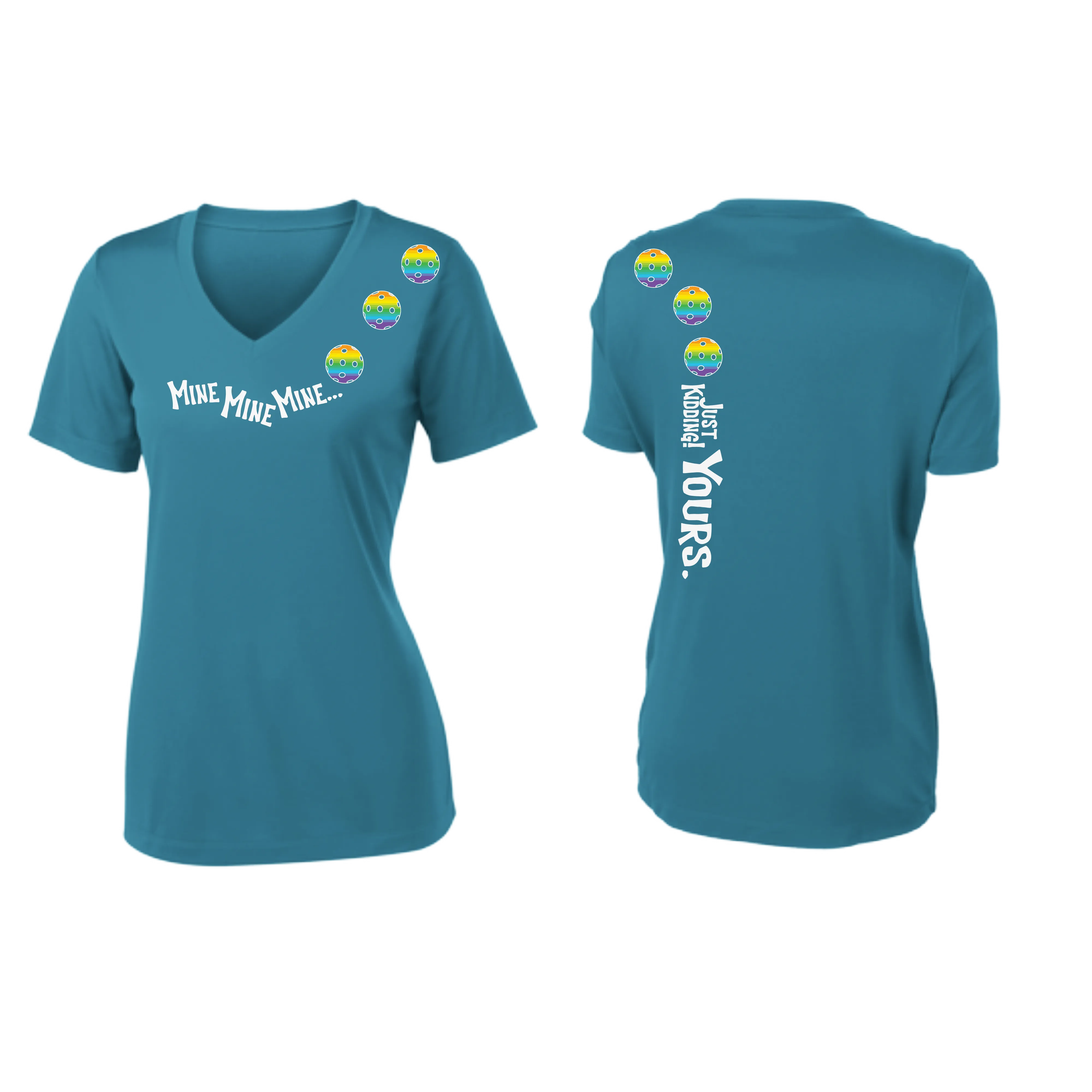 Mine JK Yours (Pickleball Colors Green Rainbow or Pink) | Women's Short Sleeve V-Neck Pickleball Shirts | 100% Polyester