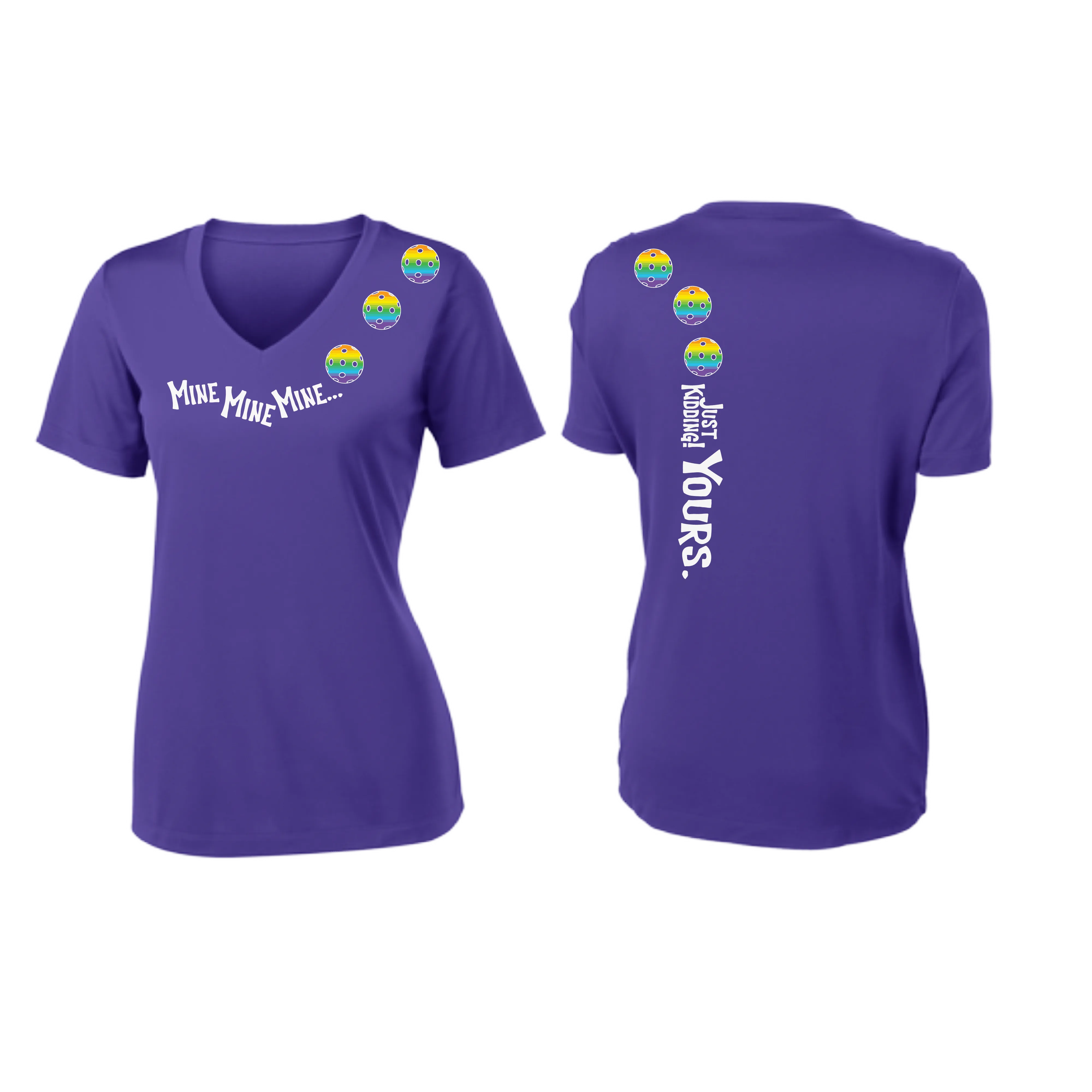 Mine JK Yours (Pickleball Colors Green Rainbow or Pink) | Women's Short Sleeve V-Neck Pickleball Shirts | 100% Polyester