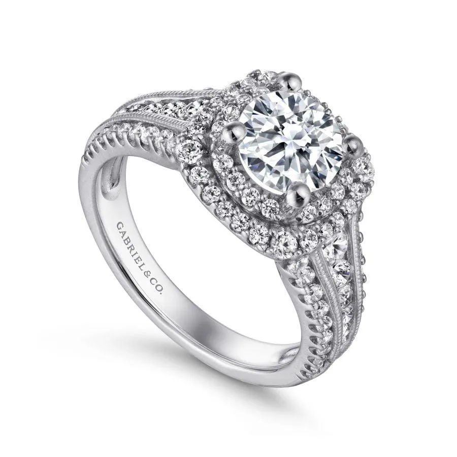 Mounting Only, 14K White Gold Round Diamond Halo Engagement Ring