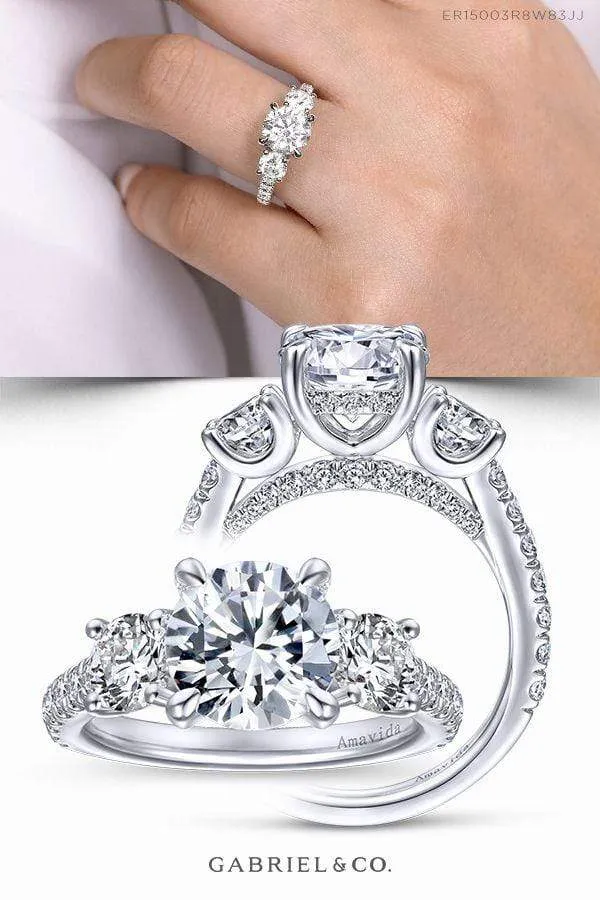 Mounting Only, 18K White Gold Round 3 Stone Diamond Engagement Ring