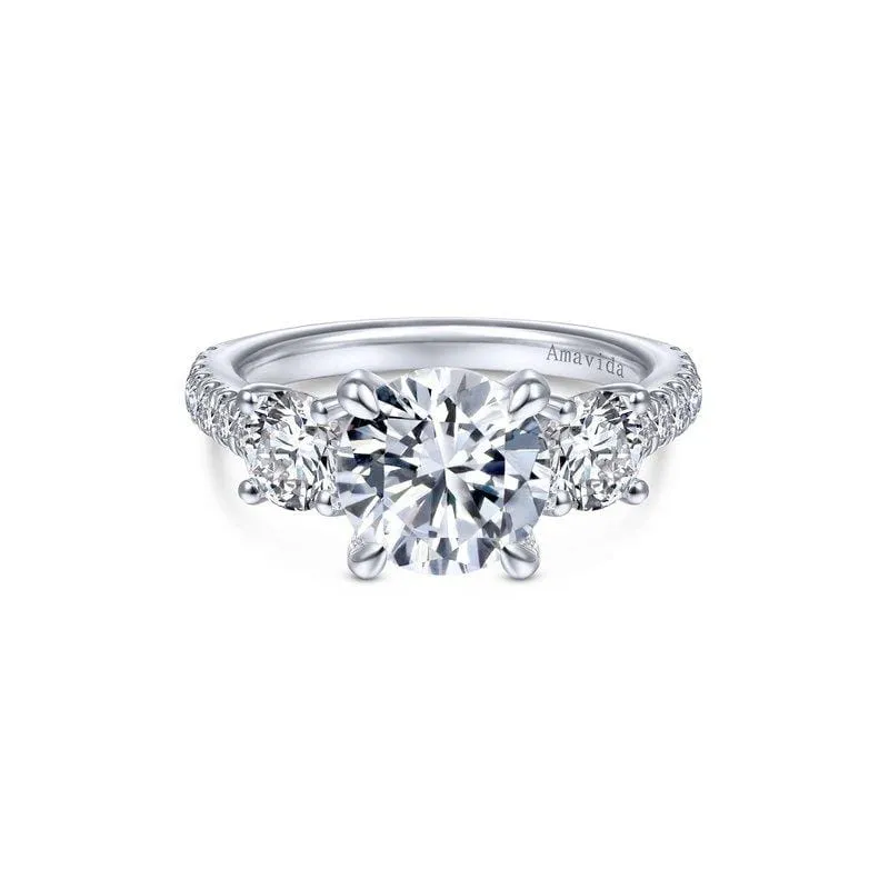 Mounting Only, 18K White Gold Round 3 Stone Diamond Engagement Ring