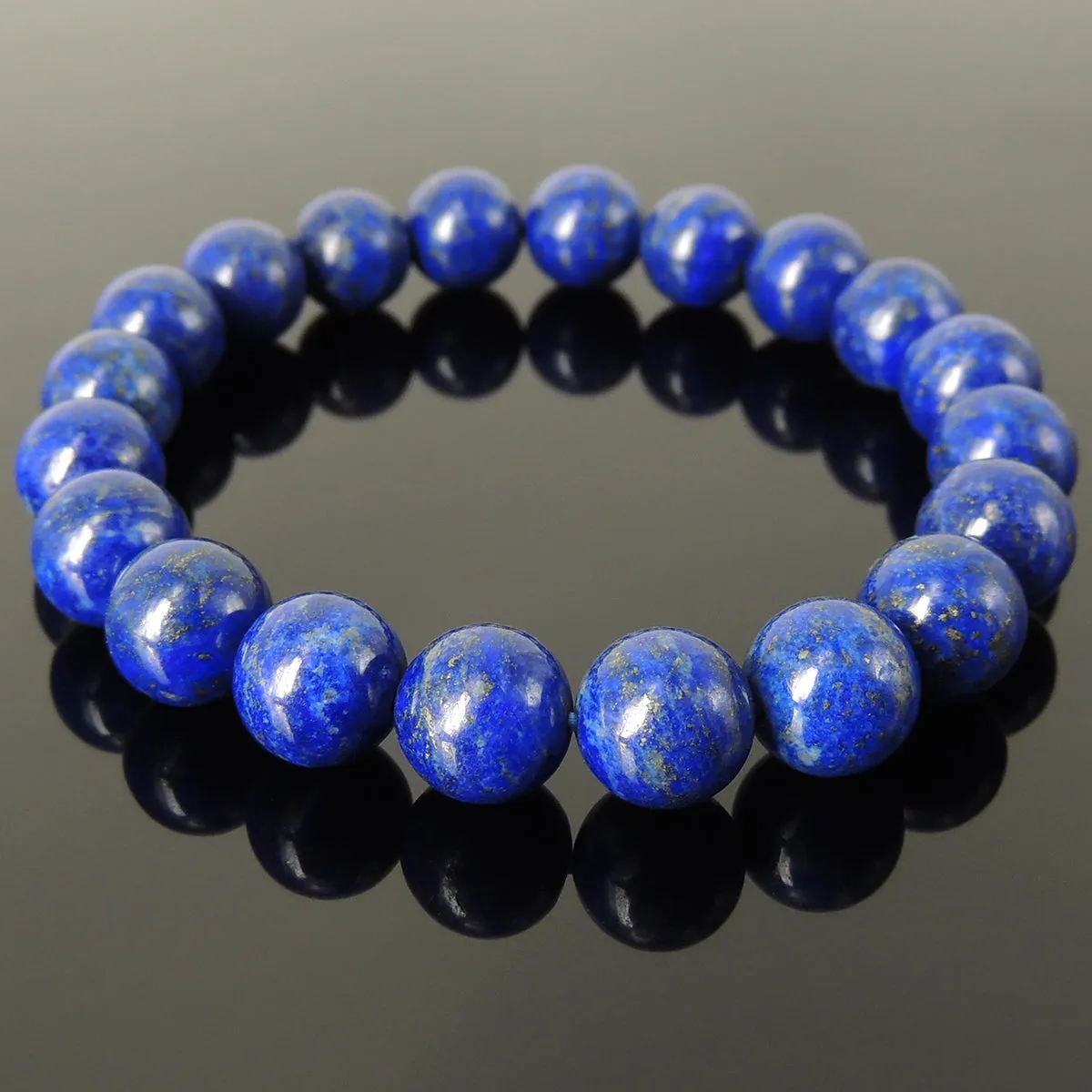 Natural 10mm Lapis Lazuli Elastic Bracelet | Handmade Reiki Healing Stone Jewelry | Third Eye Chakra Improve Sleep