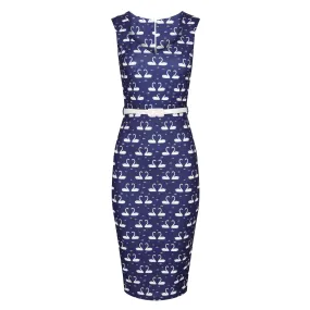 Navy Blue Swan Print Bodycon Pencil Dress