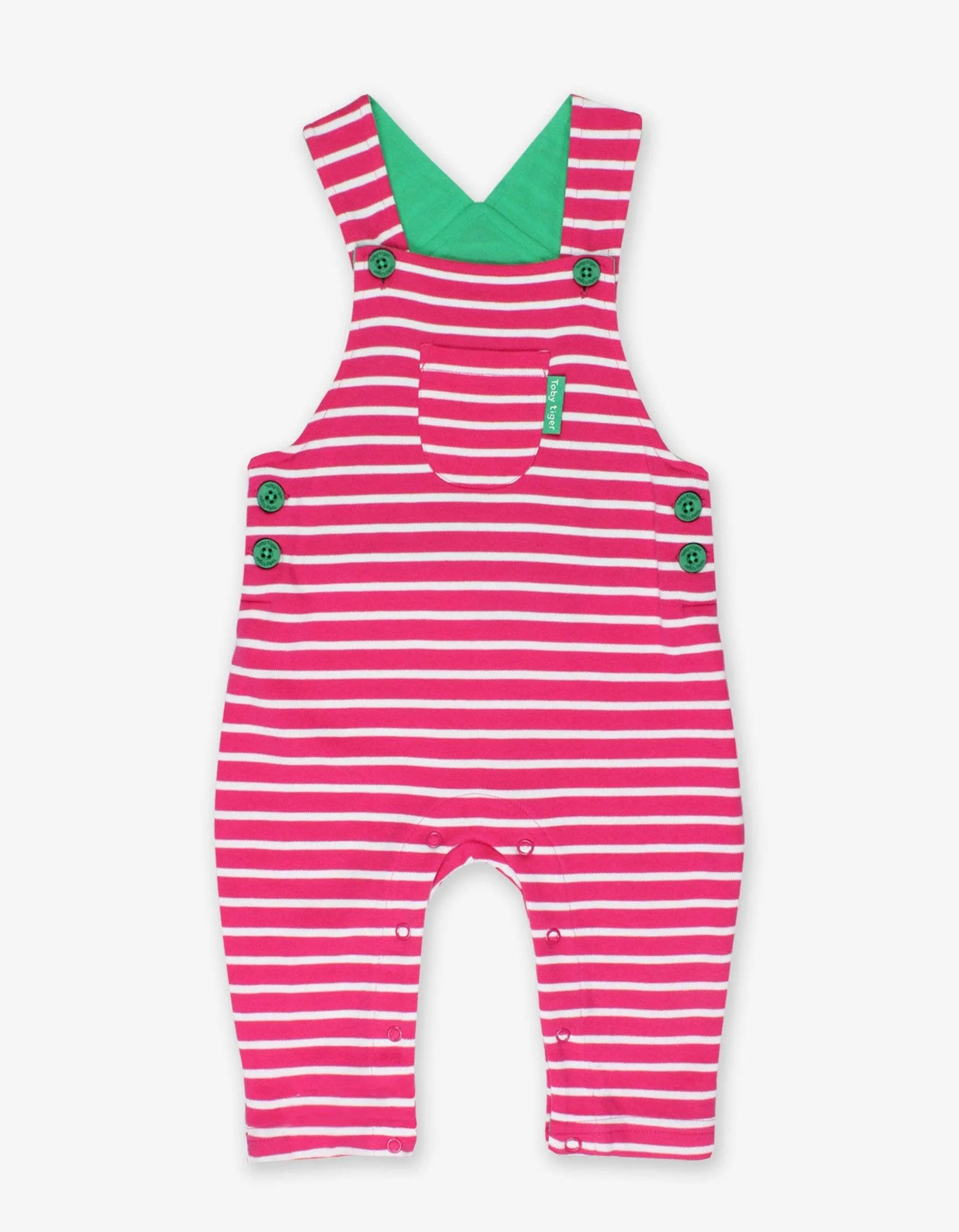 Organic Pink Breton Stripe Dungarees - Toby Tiger