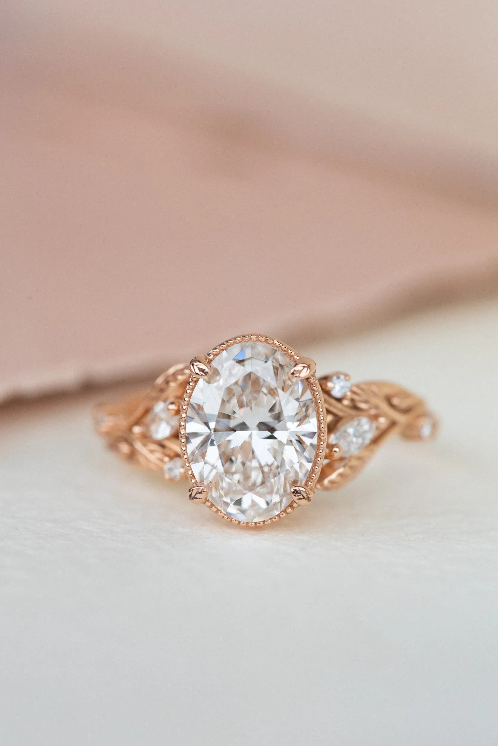 Oval lab grown diamond engagement ring, rose gold leaves and vines ring / Patricia