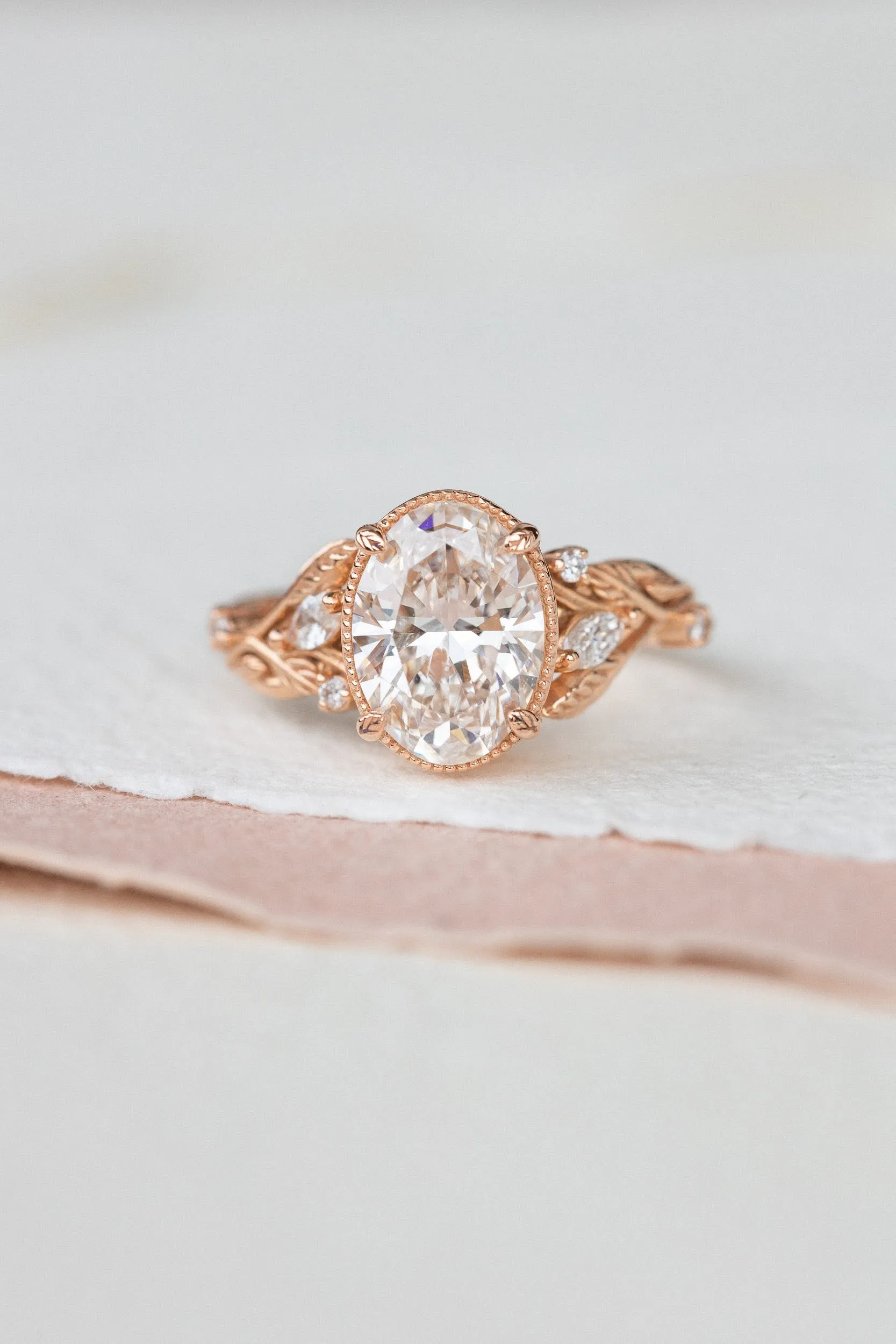 Oval lab grown diamond engagement ring, rose gold leaves and vines ring / Patricia