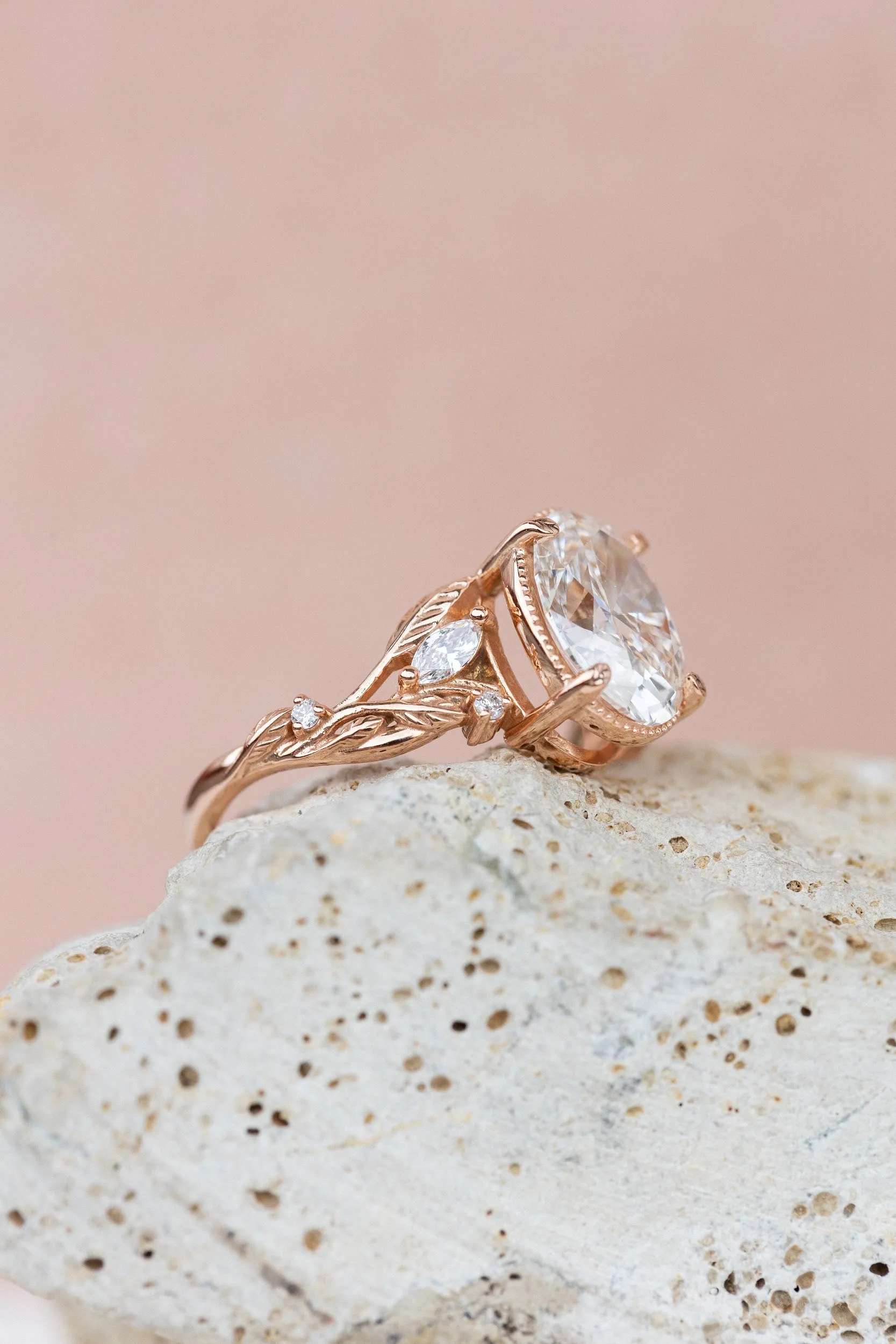 Oval lab grown diamond engagement ring, rose gold leaves and vines ring / Patricia