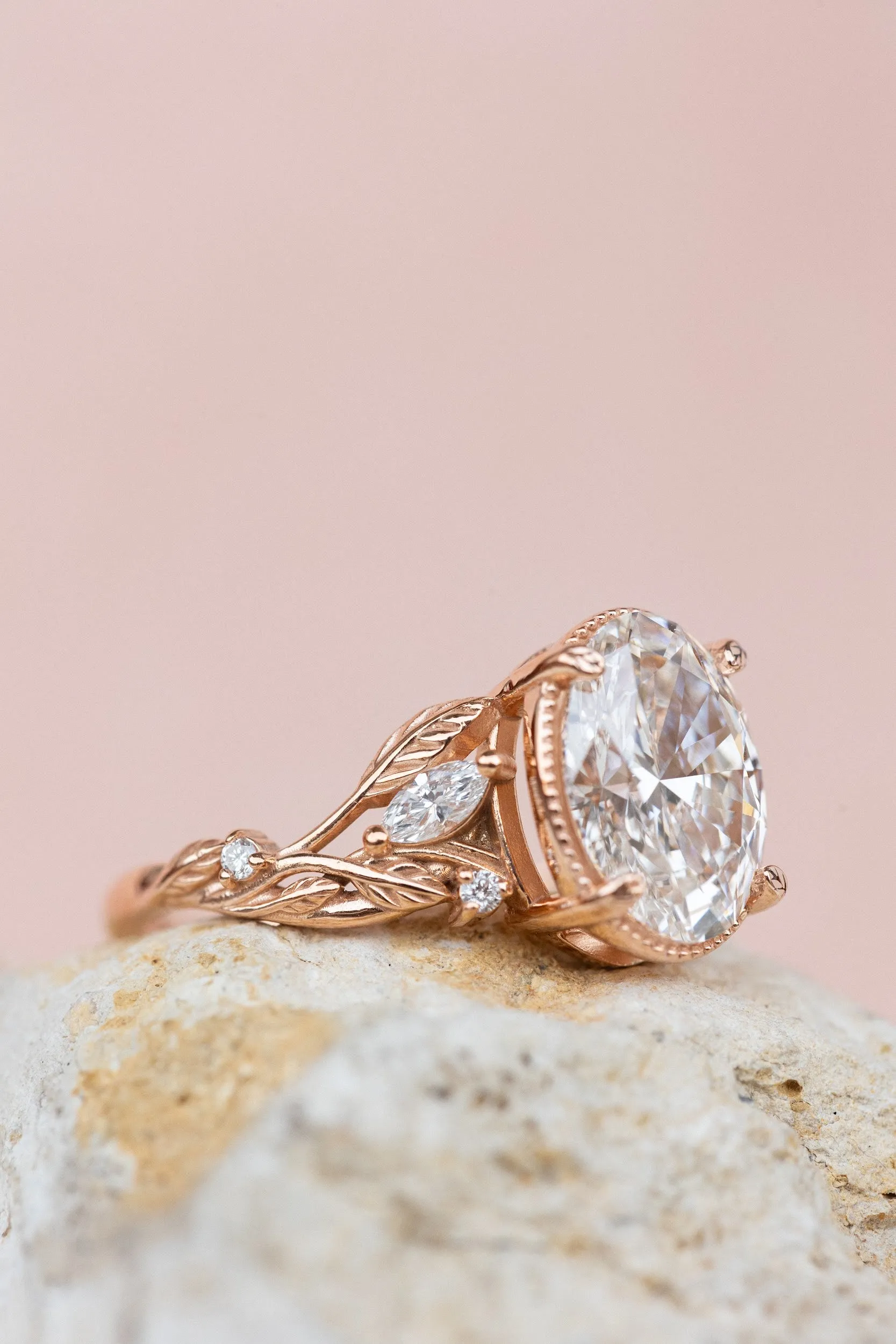 Oval lab grown diamond engagement ring, rose gold leaves and vines ring / Patricia