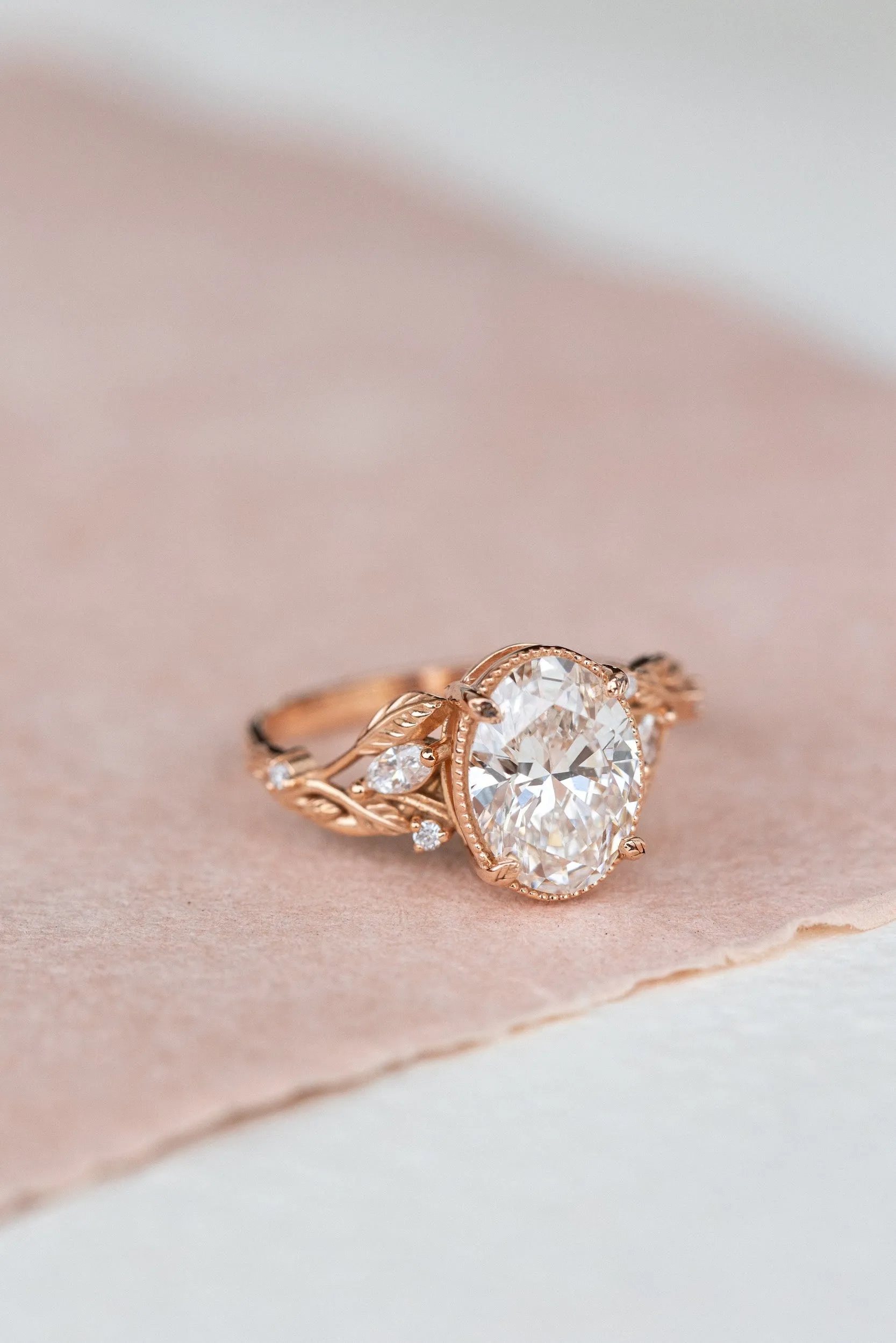 Oval lab grown diamond engagement ring, rose gold leaves and vines ring / Patricia