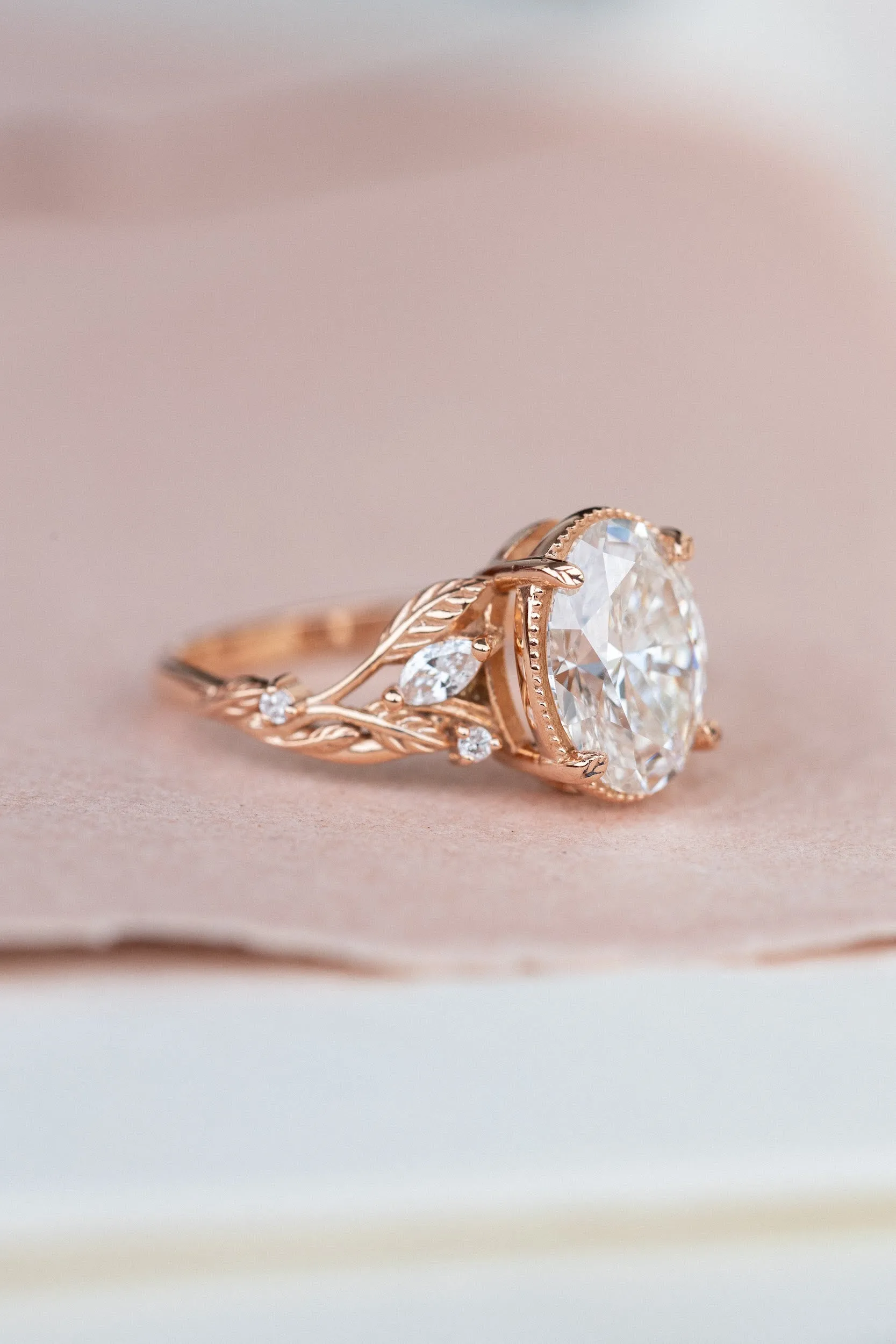 Oval lab grown diamond engagement ring, rose gold leaves and vines ring / Patricia