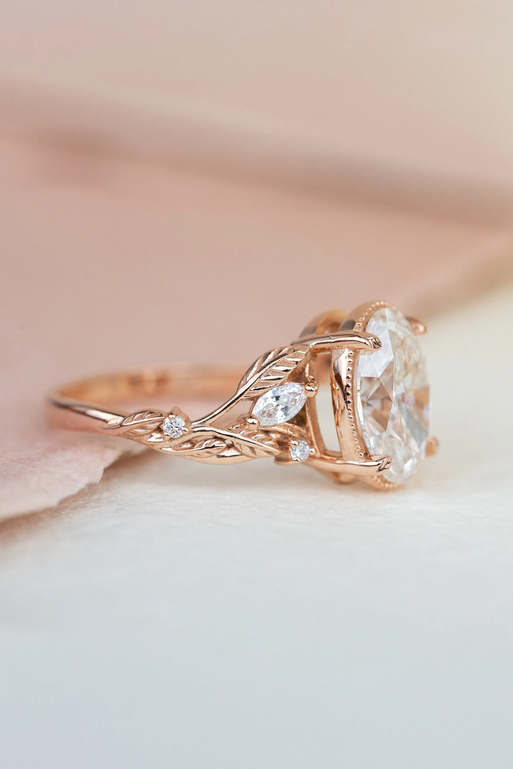 Oval lab grown diamond engagement ring, rose gold leaves and vines ring / Patricia