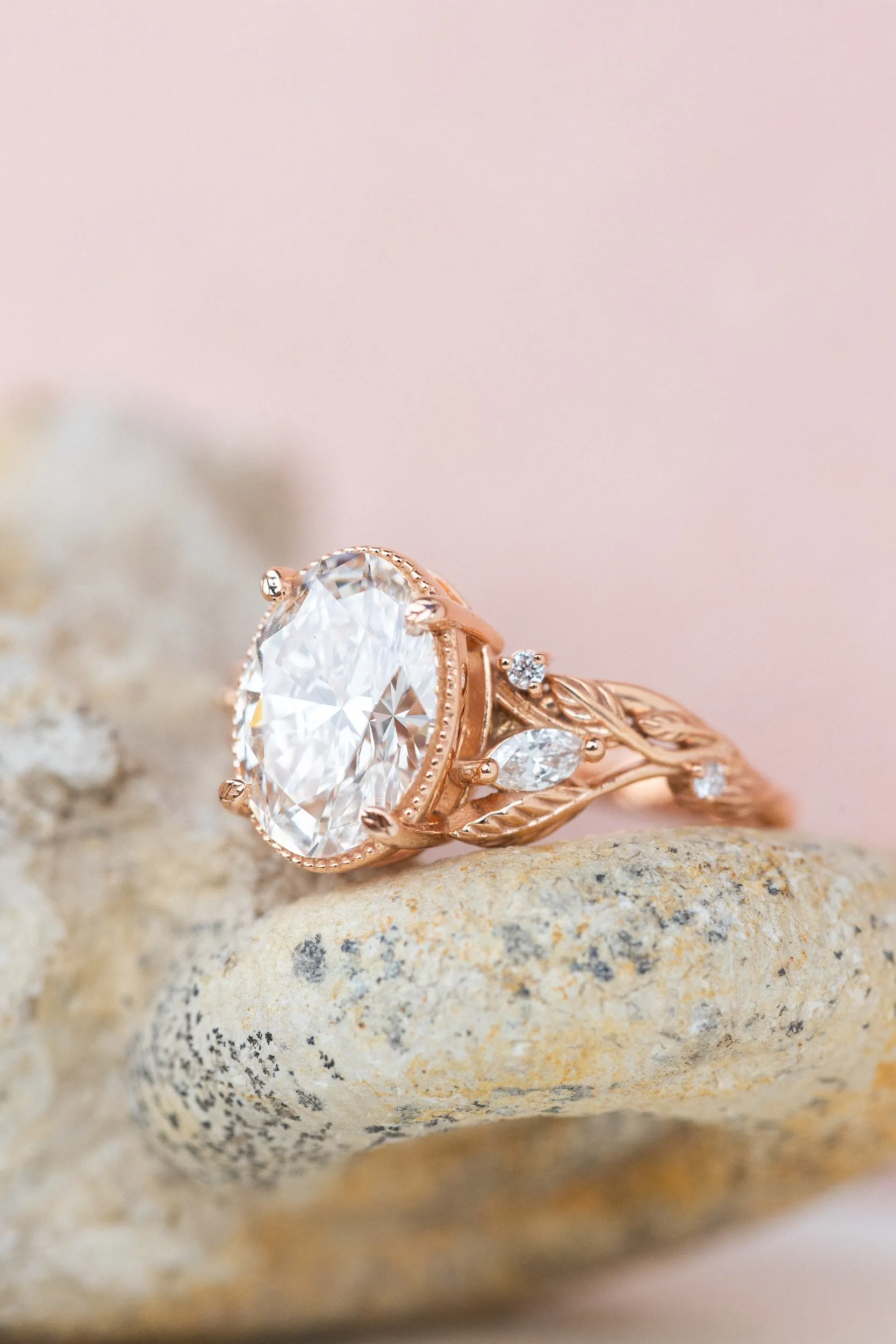 Oval lab grown diamond engagement ring, rose gold leaves and vines ring / Patricia