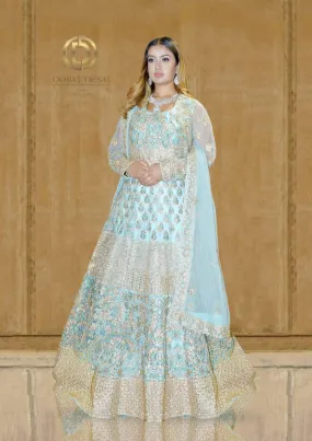 Pastel Blue Gold Anarkali Set with Applique work and Dupatta