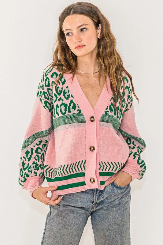 Pink Leopard Print Button Down Cardigan