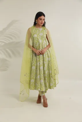 Pista Jaal Handblock Cotton Anarkali with Organza gota work Dupatta