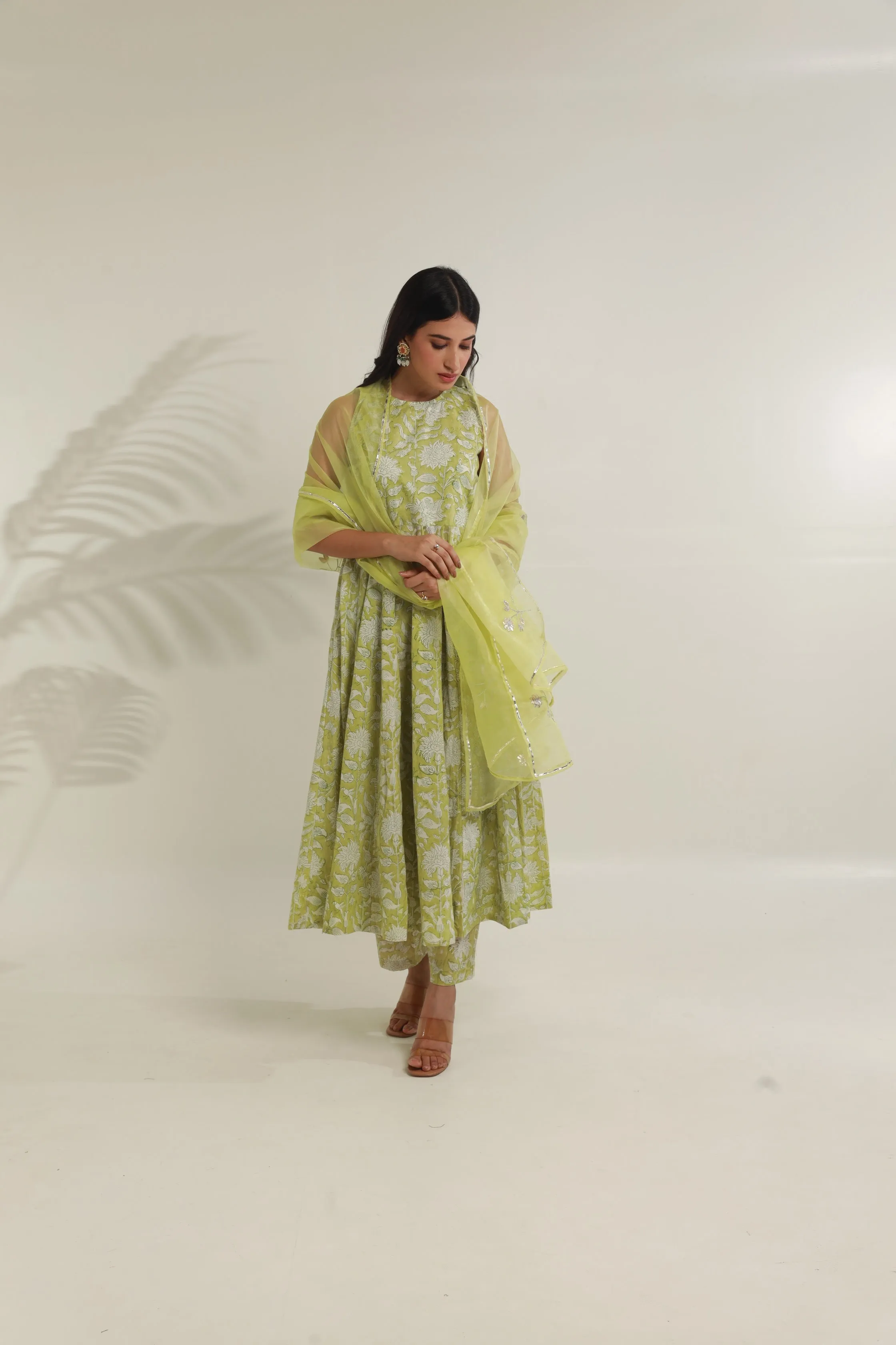 Pista Jaal Handblock Cotton Anarkali with Organza gota work Dupatta