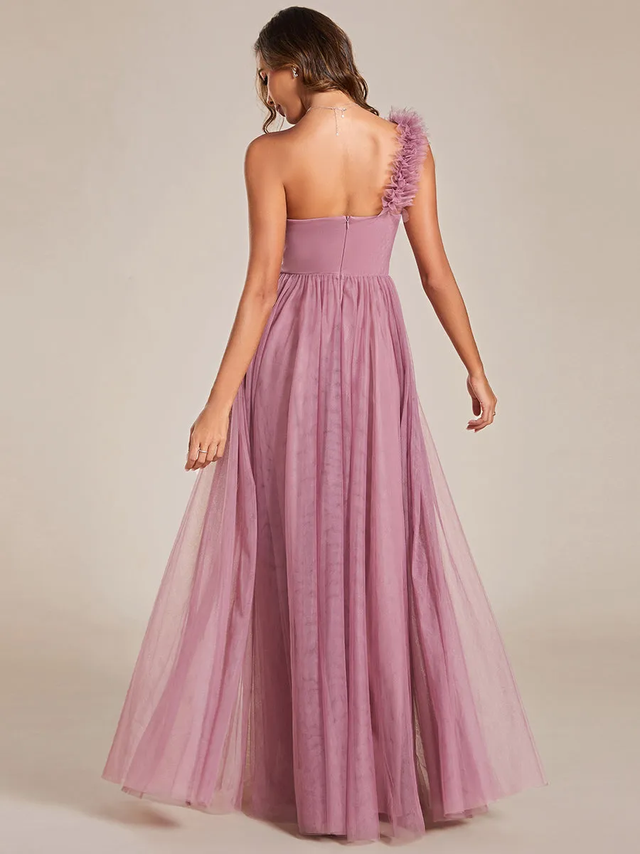 Pleated Backless One Shoulder Split Tulle Wholesale Bridesmaid Dresses