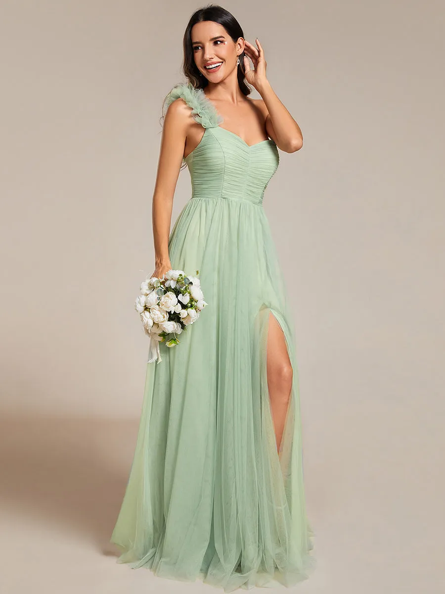 Pleated Backless One Shoulder Split Tulle Wholesale Bridesmaid Dresses