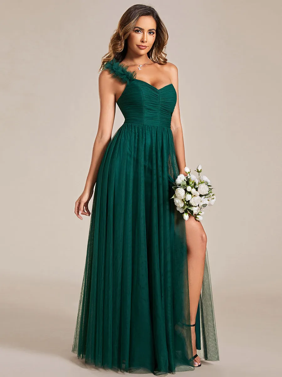 Pleated Backless One Shoulder Split Tulle Wholesale Bridesmaid Dresses