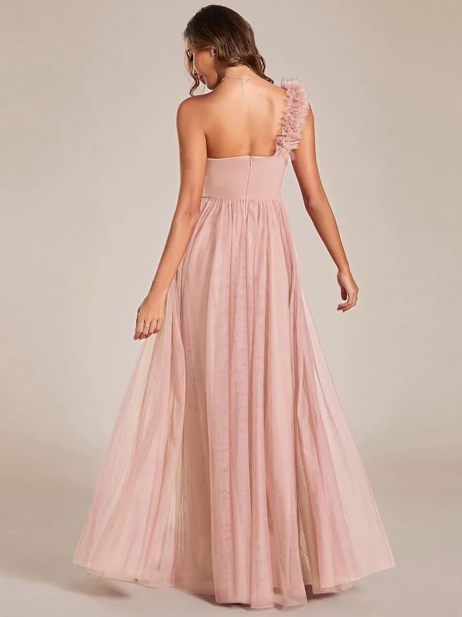 Pleated Backless One Shoulder Split Tulle Wholesale Bridesmaid Dresses