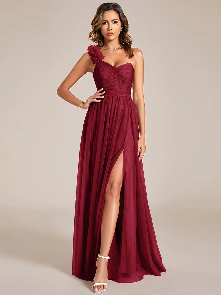 Pleated Backless One Shoulder Split Tulle Wholesale Bridesmaid Dresses