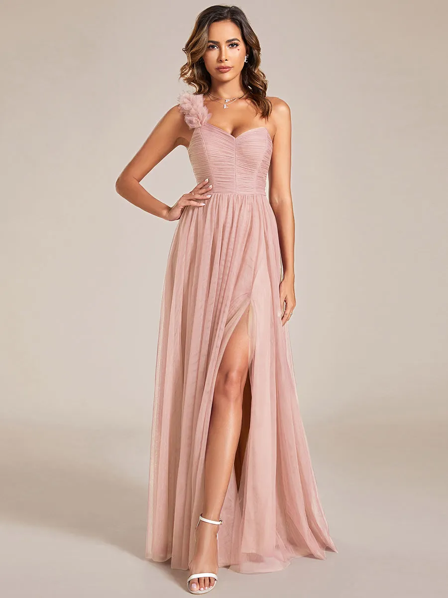 Pleated Backless One Shoulder Split Tulle Wholesale Bridesmaid Dresses