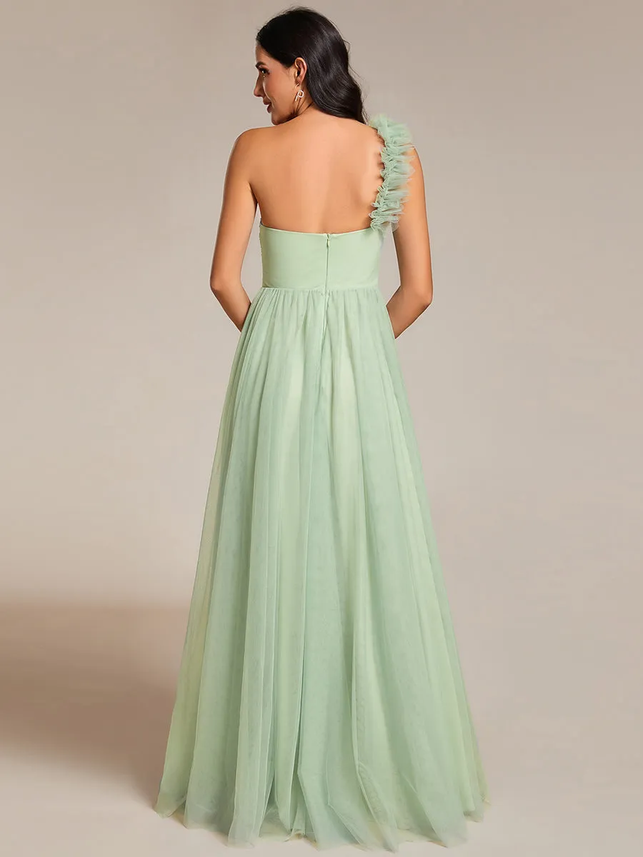 Pleated Backless One Shoulder Split Tulle Wholesale Bridesmaid Dresses